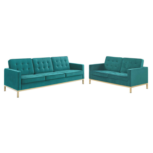 Loft Gold Stainless Steel Leg Performance Velvet Sofa and Loveseat Set