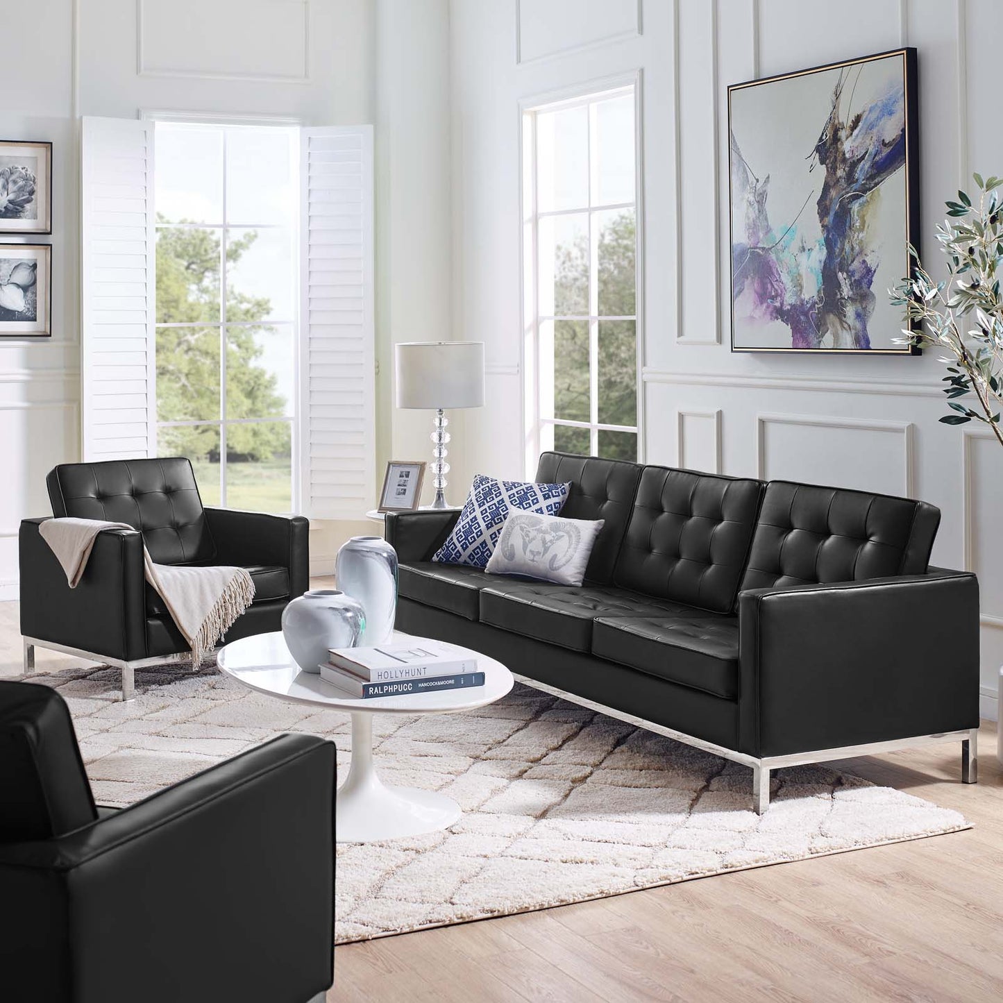 Loft Tufted Upholstered Faux Leather Sofa and Armchair Set