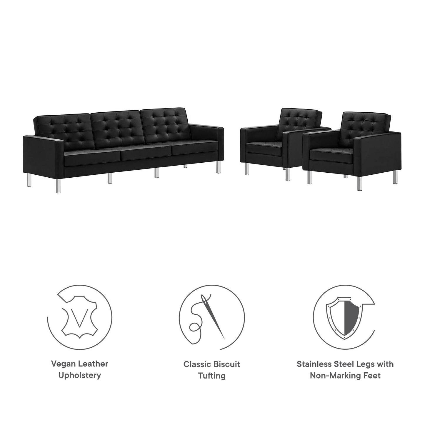 Loft 3-Piece Tufted Vegan Leather Furniture Set