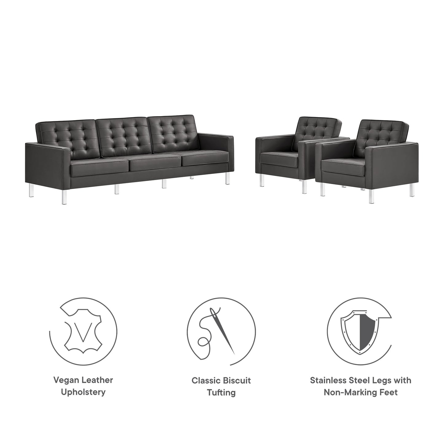 Loft 3-Piece Tufted Vegan Leather Furniture Set