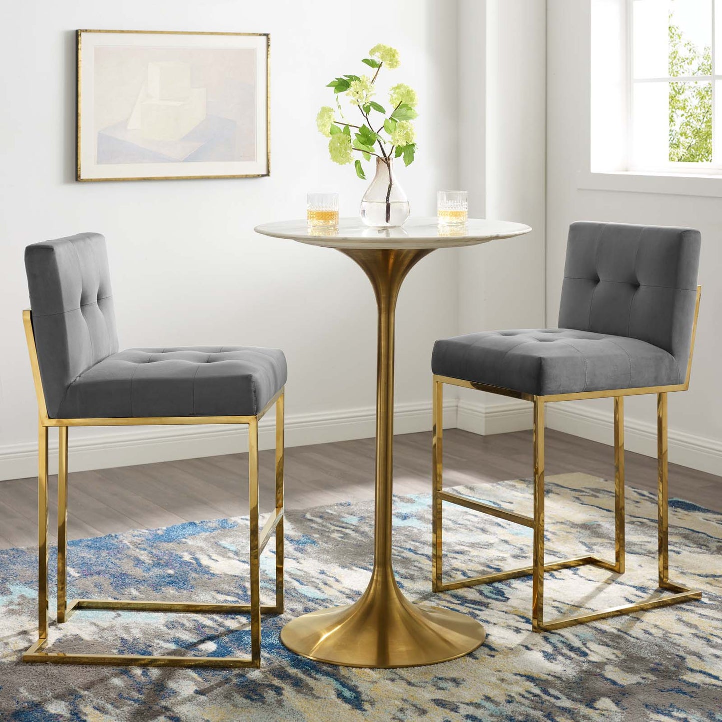 Lot de 2 tabourets de bar en velours et acier inoxydable Privy Gold par Modway