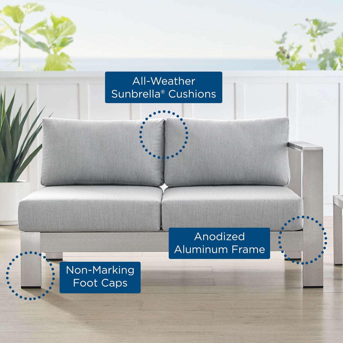 Loveseat de aluminio para patio exterior con brazo derecho y tela Sunbrella® de Shore de Modway