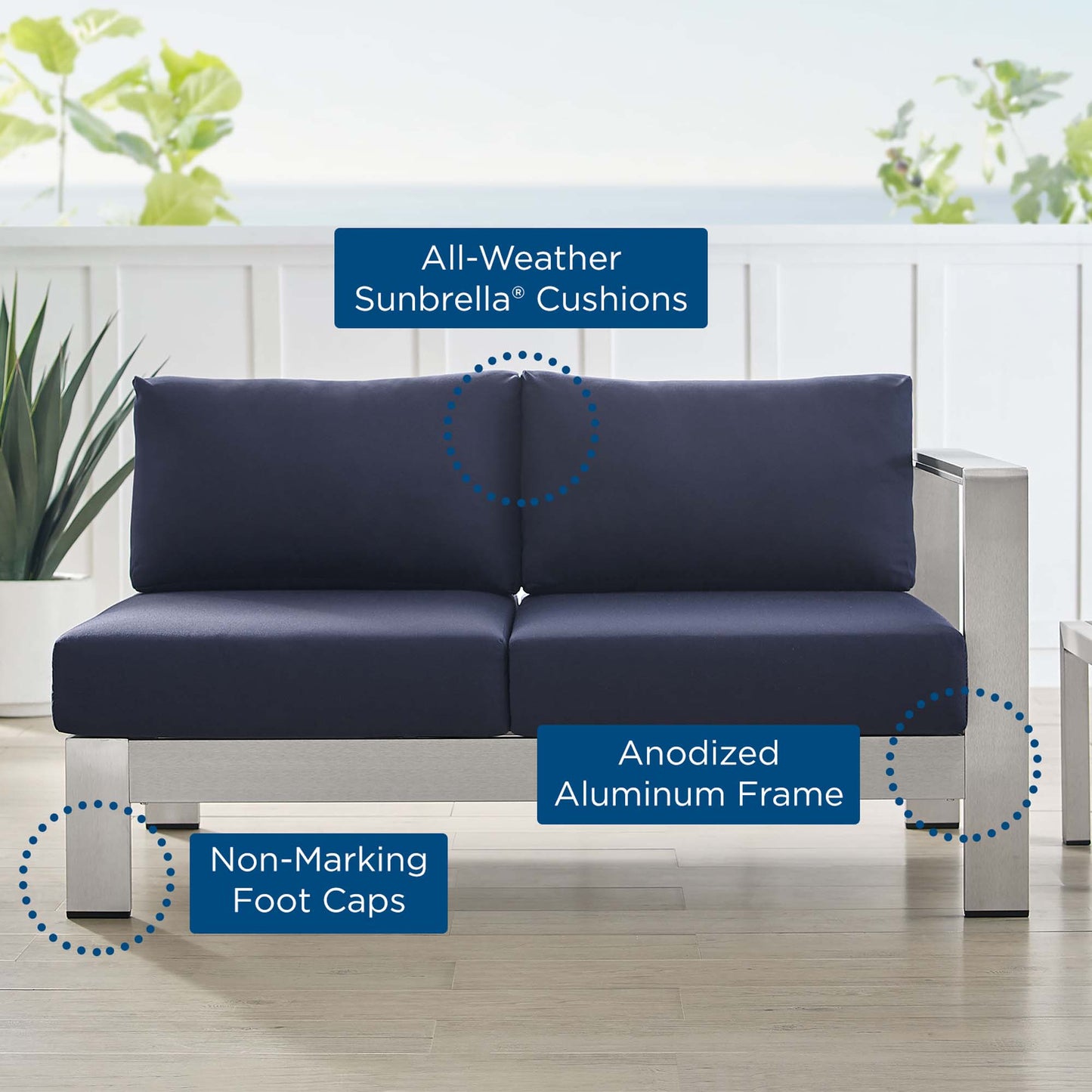 Loveseat de aluminio para patio exterior con brazo derecho y tela Sunbrella® de Shore de Modway