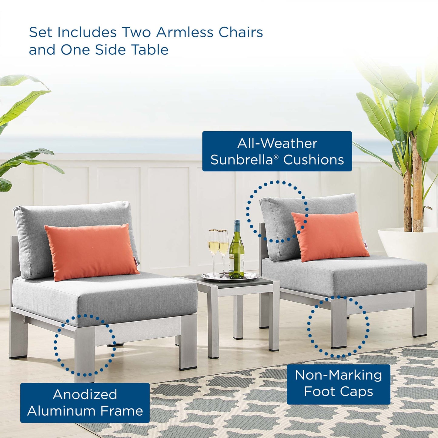 Shore 3 Piece Sunbrella® Fabric Outdoor Patio Aluminum Set