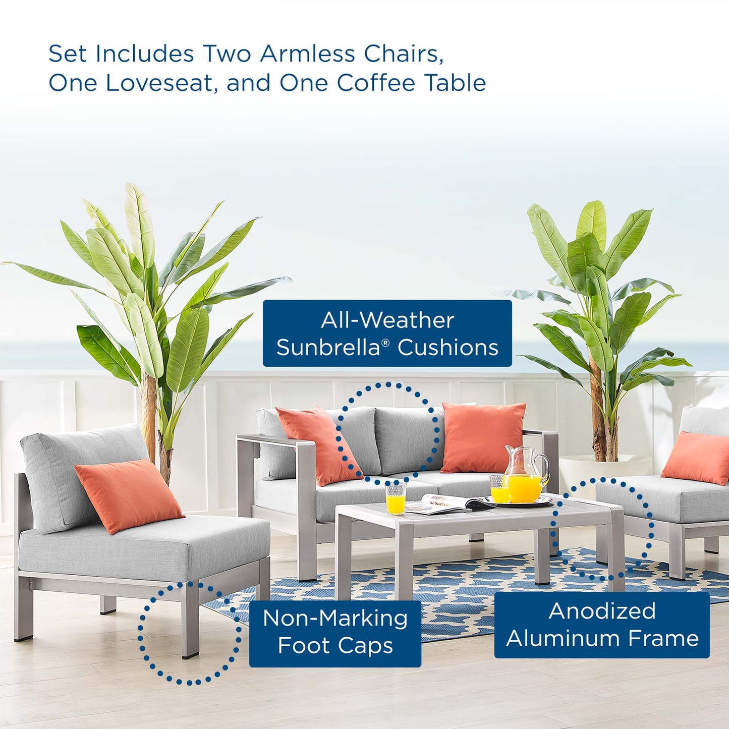 Shore 4 Piece Sunbrella® Fabric Outdoor Patio Aluminum Set