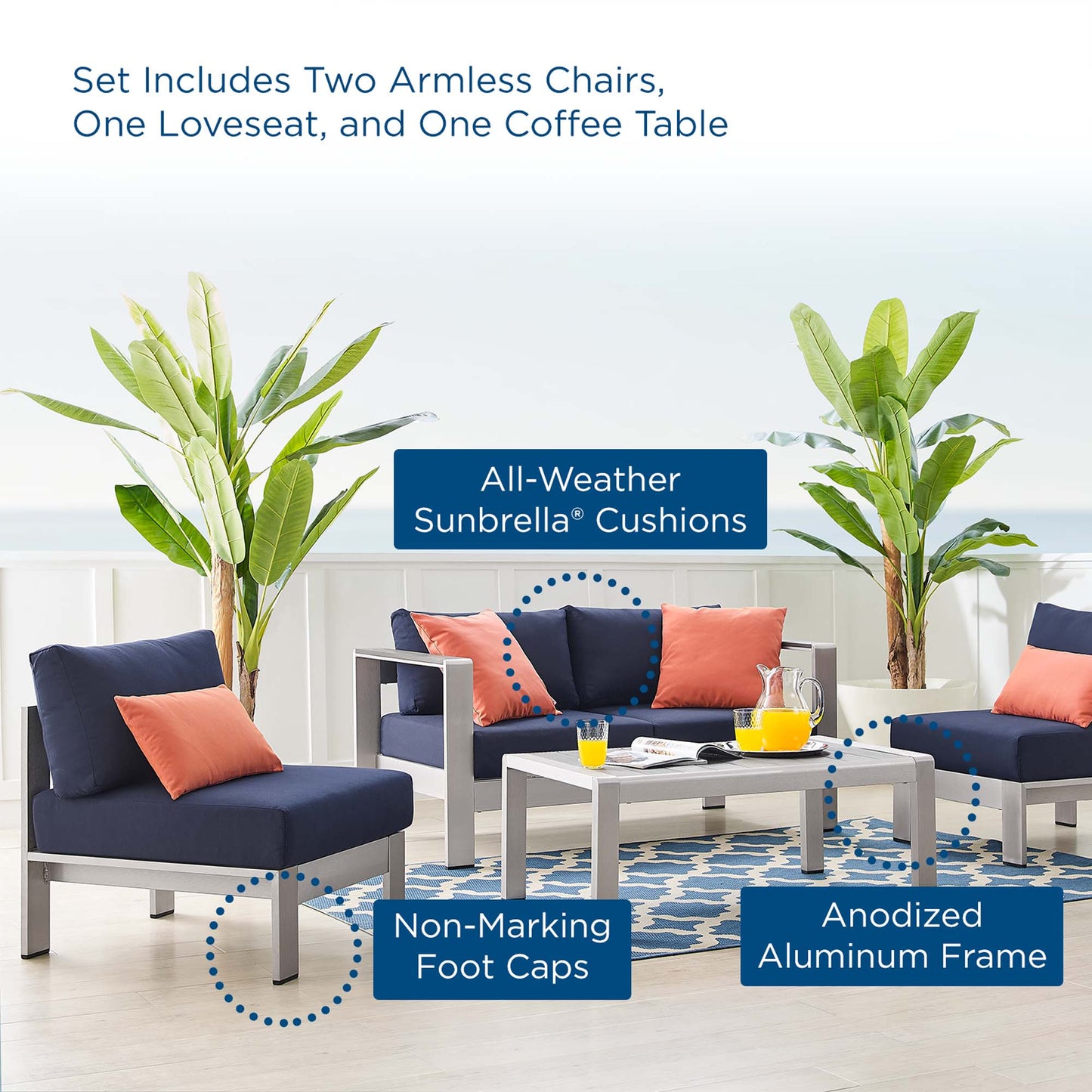 Shore 4 Piece Sunbrella® Fabric Outdoor Patio Aluminum Set