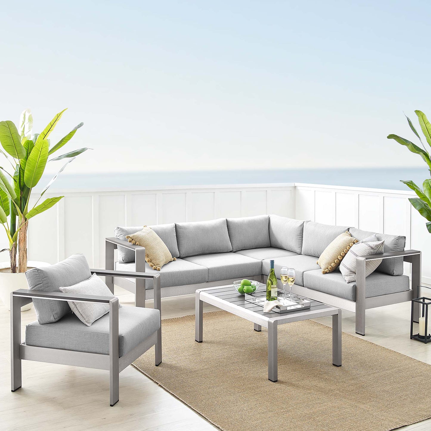 Shore 5 Piece Sunbrella® Fabric Outdoor Patio Aluminum Sectional Sofa Set