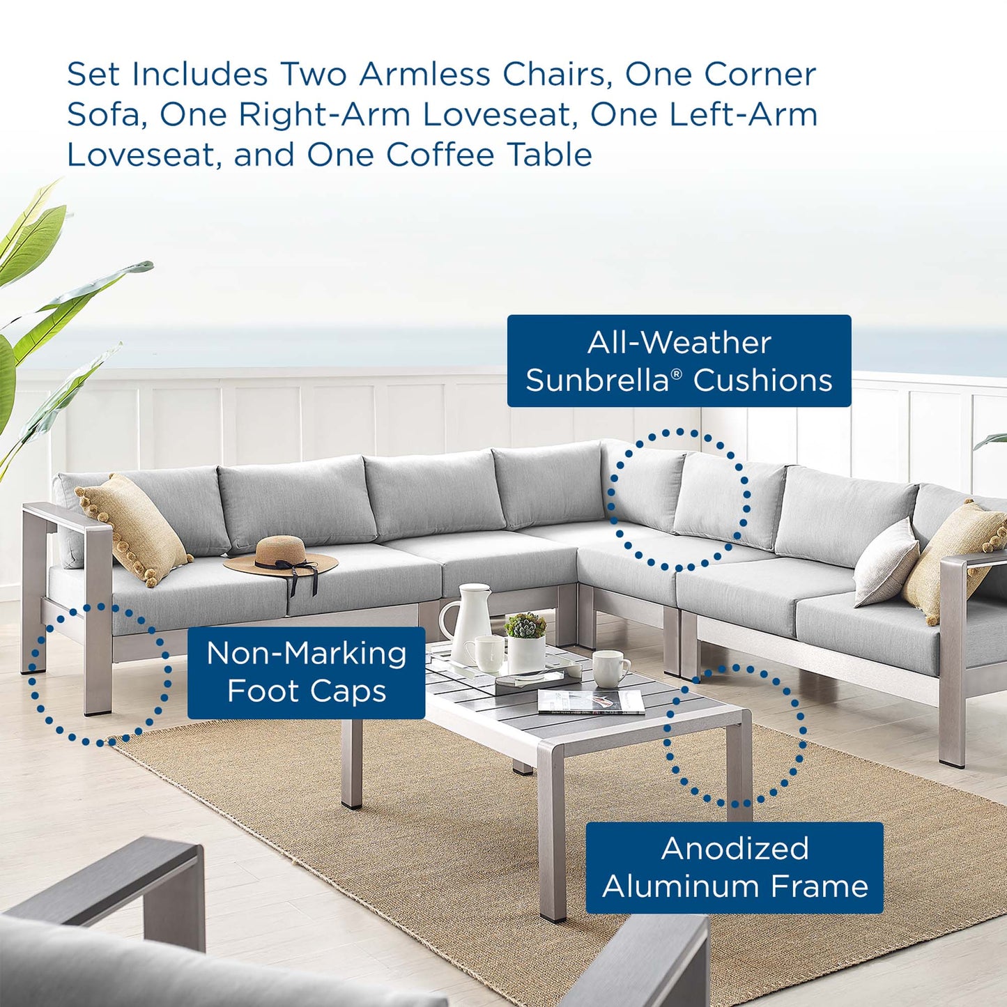 Shore 6 Piece Sunbrella® Fabric Outdoor Patio Aluminum Sectional Sofa Set