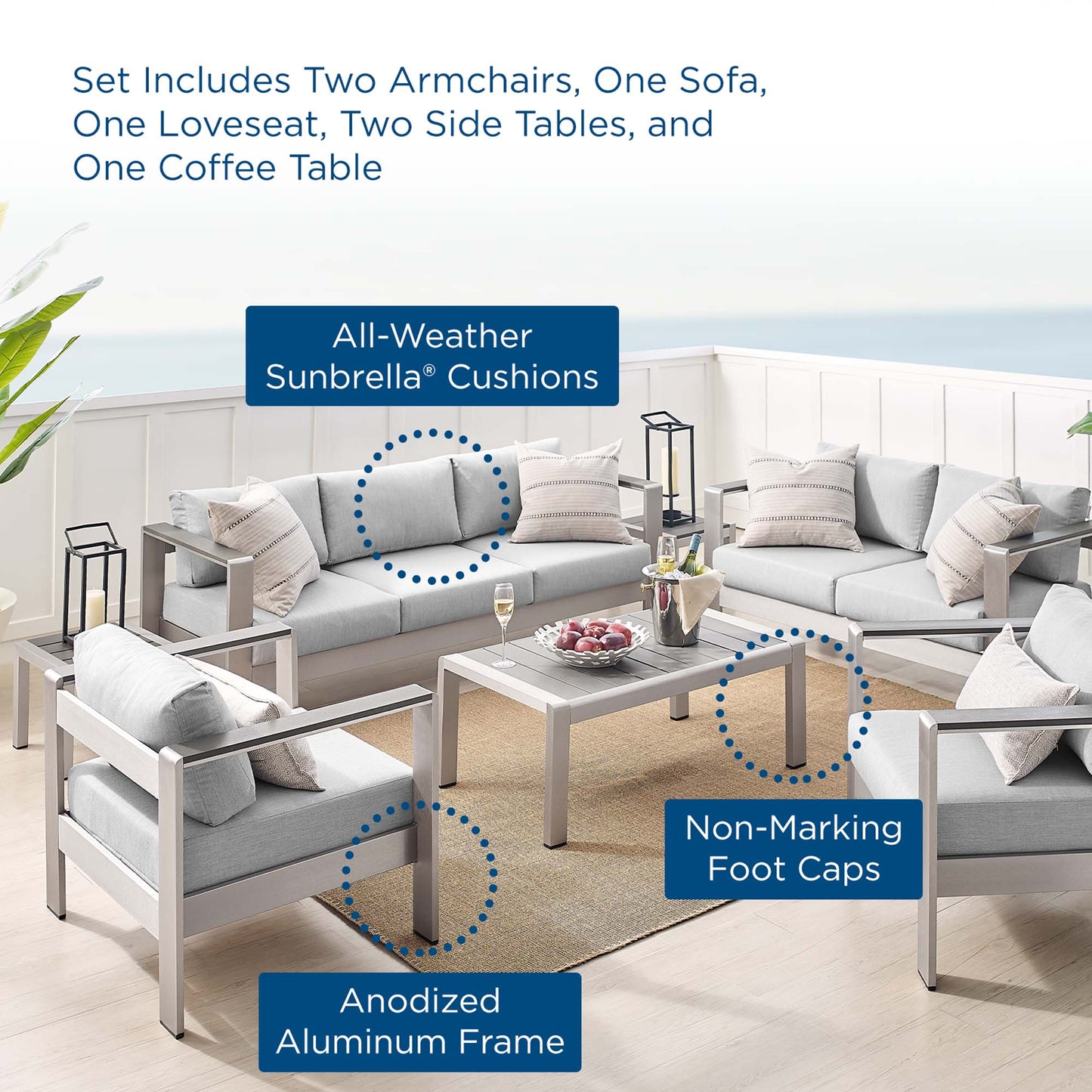 Shore 7 Piece Sunbrella® Fabric Outdoor Patio Aluminum Set