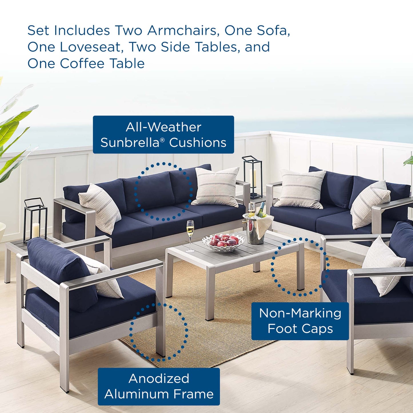 Shore 7 Piece Sunbrella® Fabric Outdoor Patio Aluminum Set