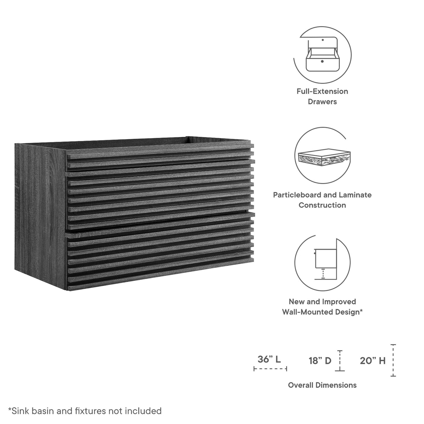 Mueble de baño de 36" con montaje en pared Render (lavabo no incluido) de Modway