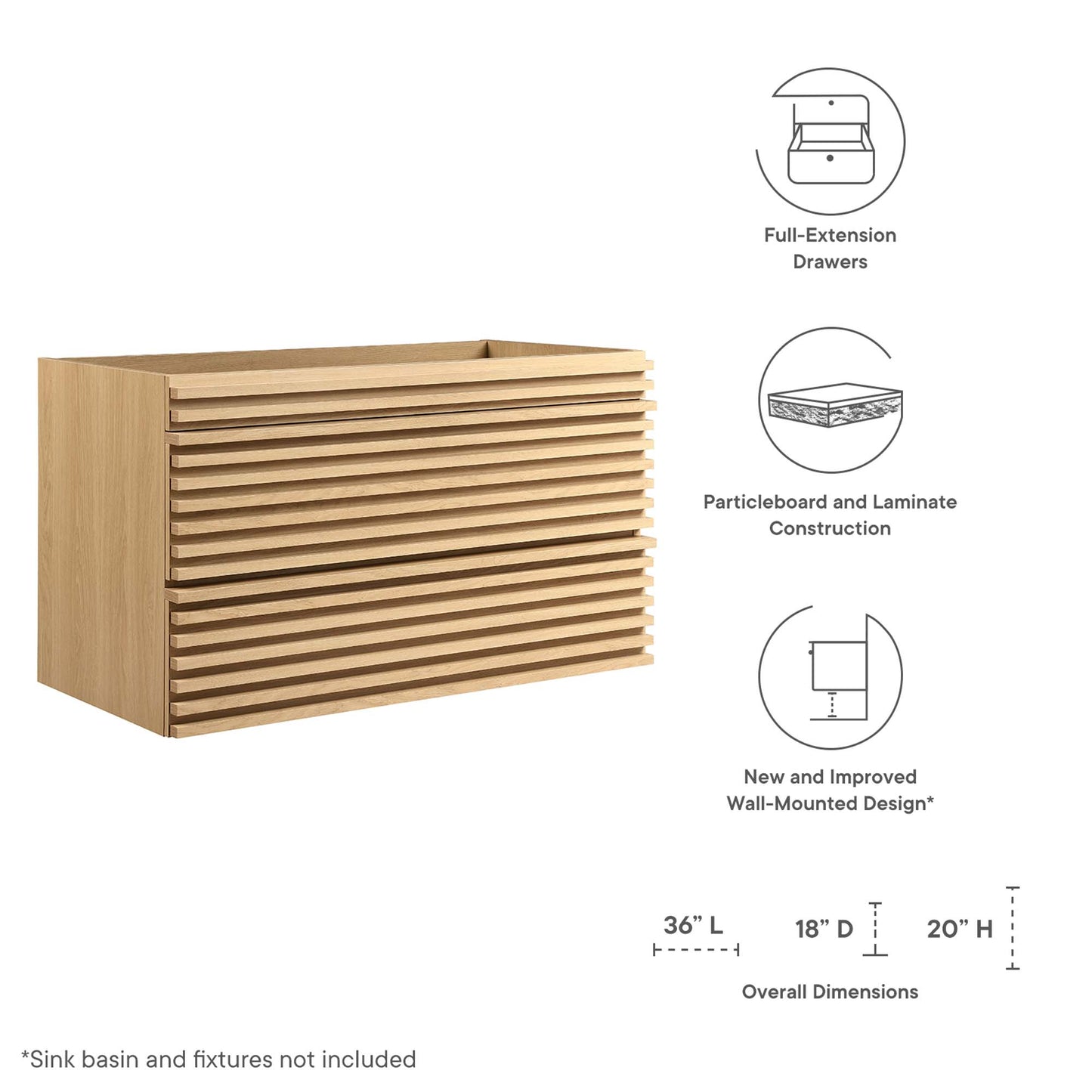 Mueble de baño de 36" con montaje en pared Render (lavabo no incluido) de Modway