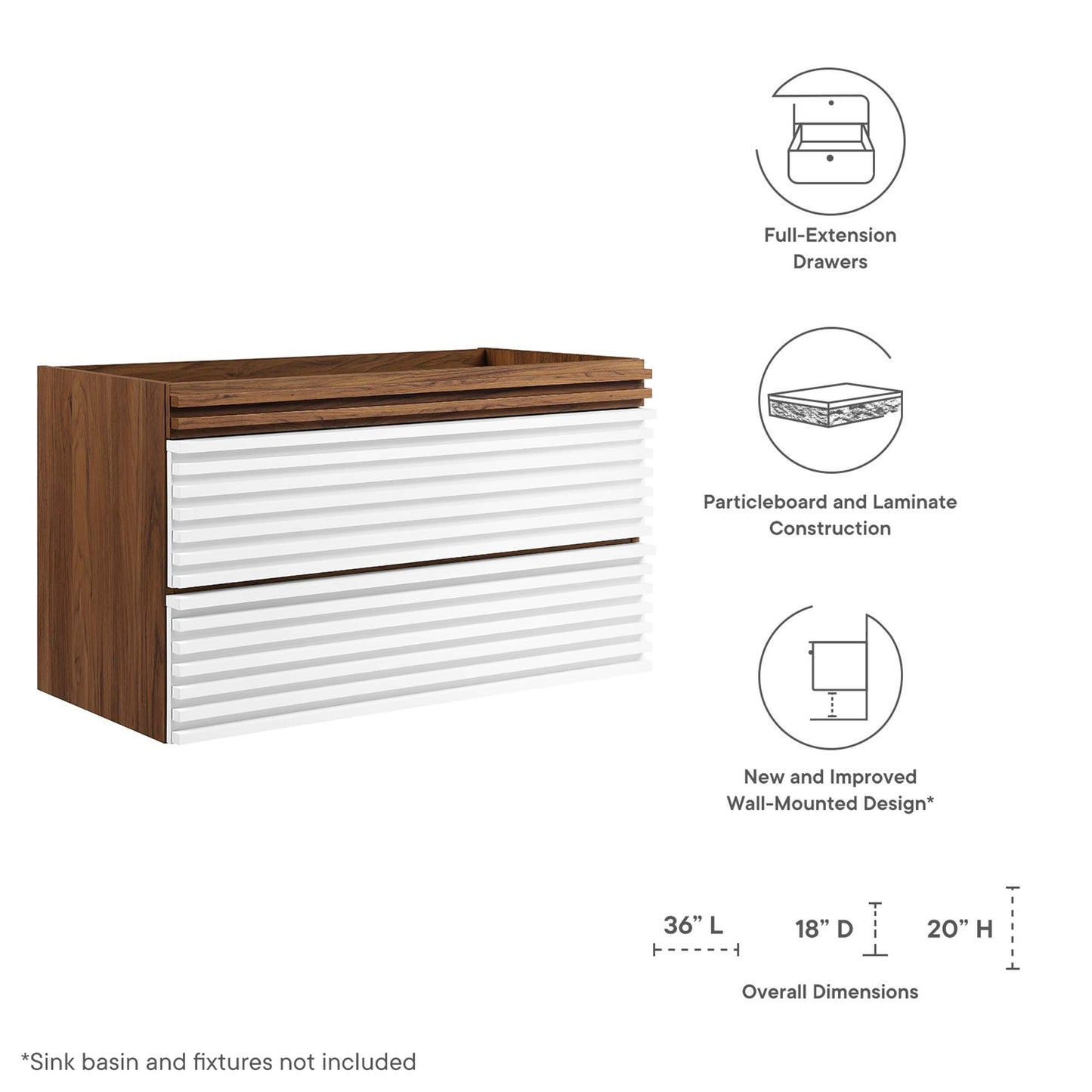 Mueble de baño de 36" con montaje en pared Render (lavabo no incluido) de Modway