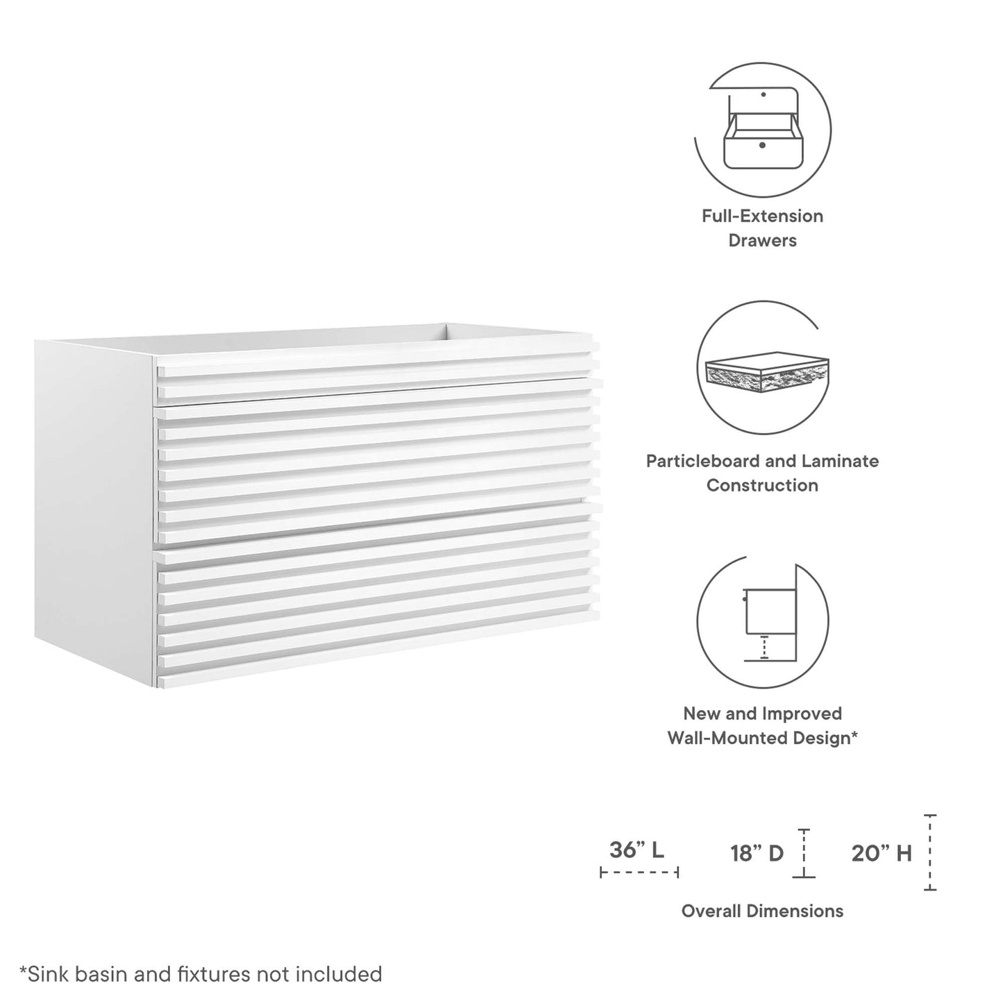 Mueble de baño de 36" con montaje en pared Render (lavabo no incluido) de Modway