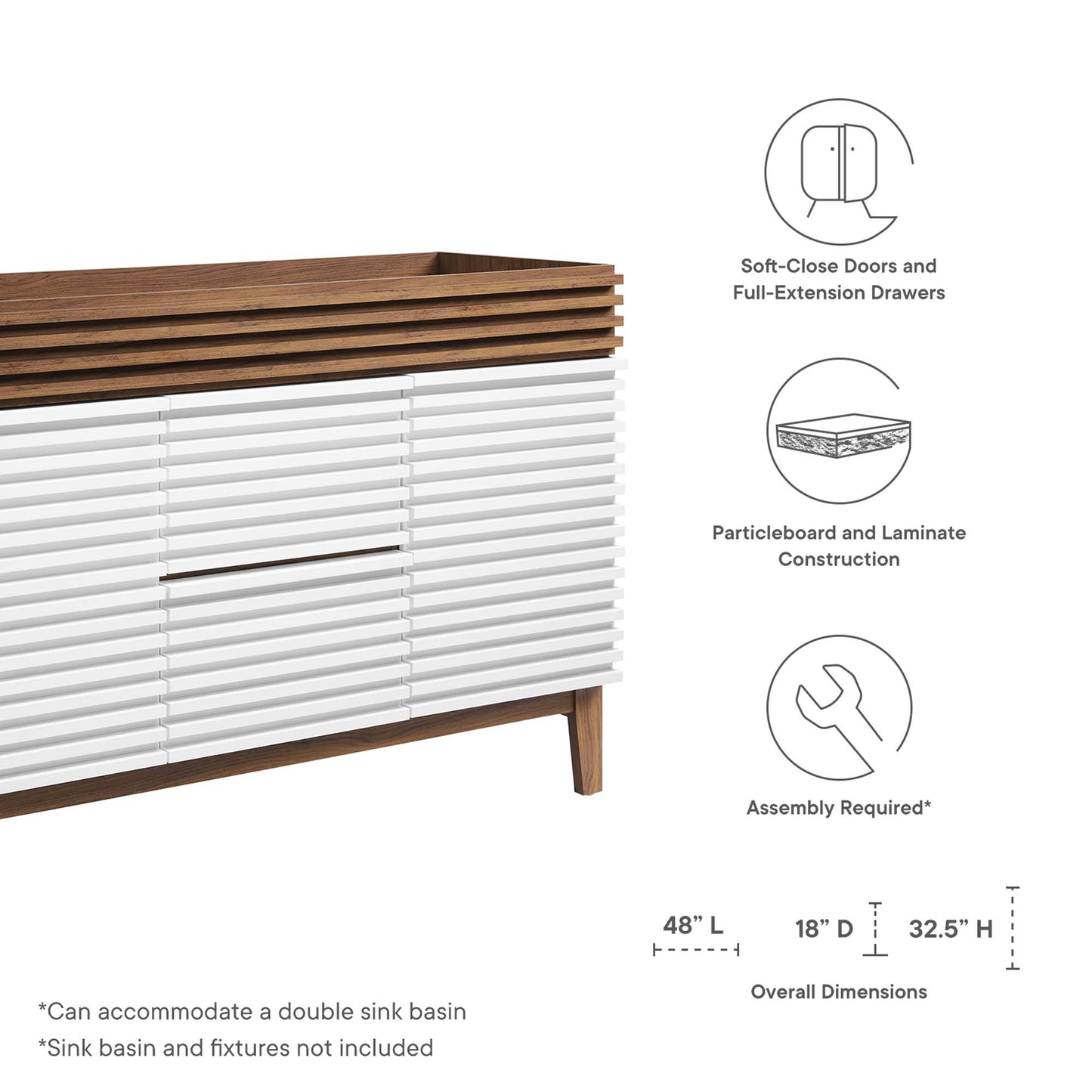 Mueble de baño de 48" compatible con lavabo doble (no incluido) de Modway