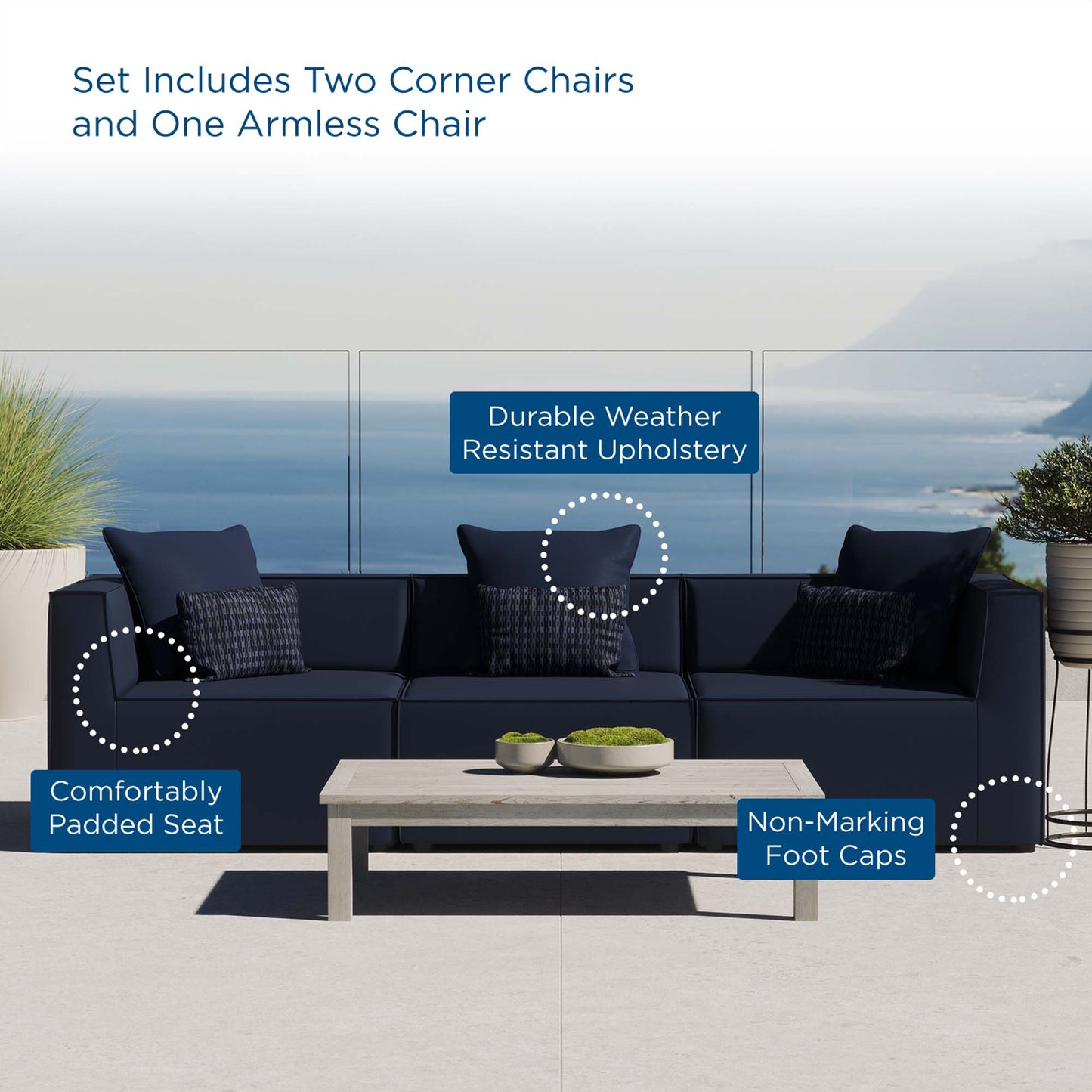 Saybrook 3-Piece Outdoor Patio Upholstered Sectional Sofa