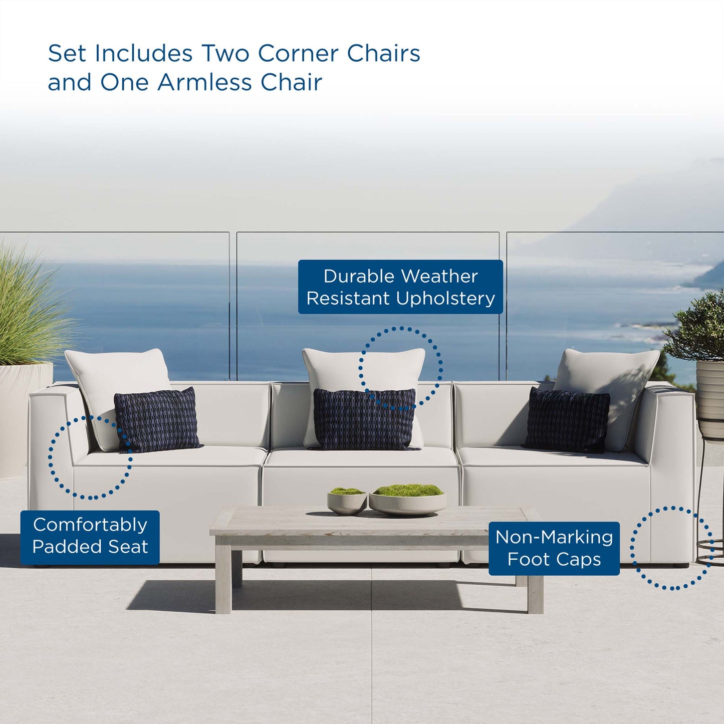 Saybrook 3-Piece Outdoor Patio Upholstered Sectional Sofa