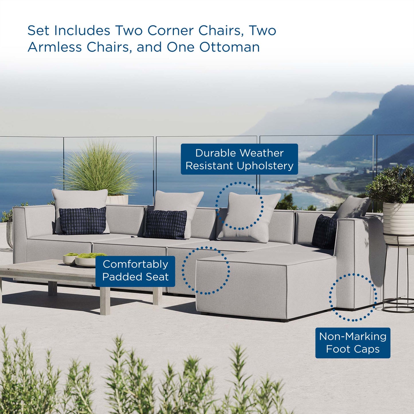 Saybrook 5-Piece Outdoor Patio Upholstered Sectional Sofa