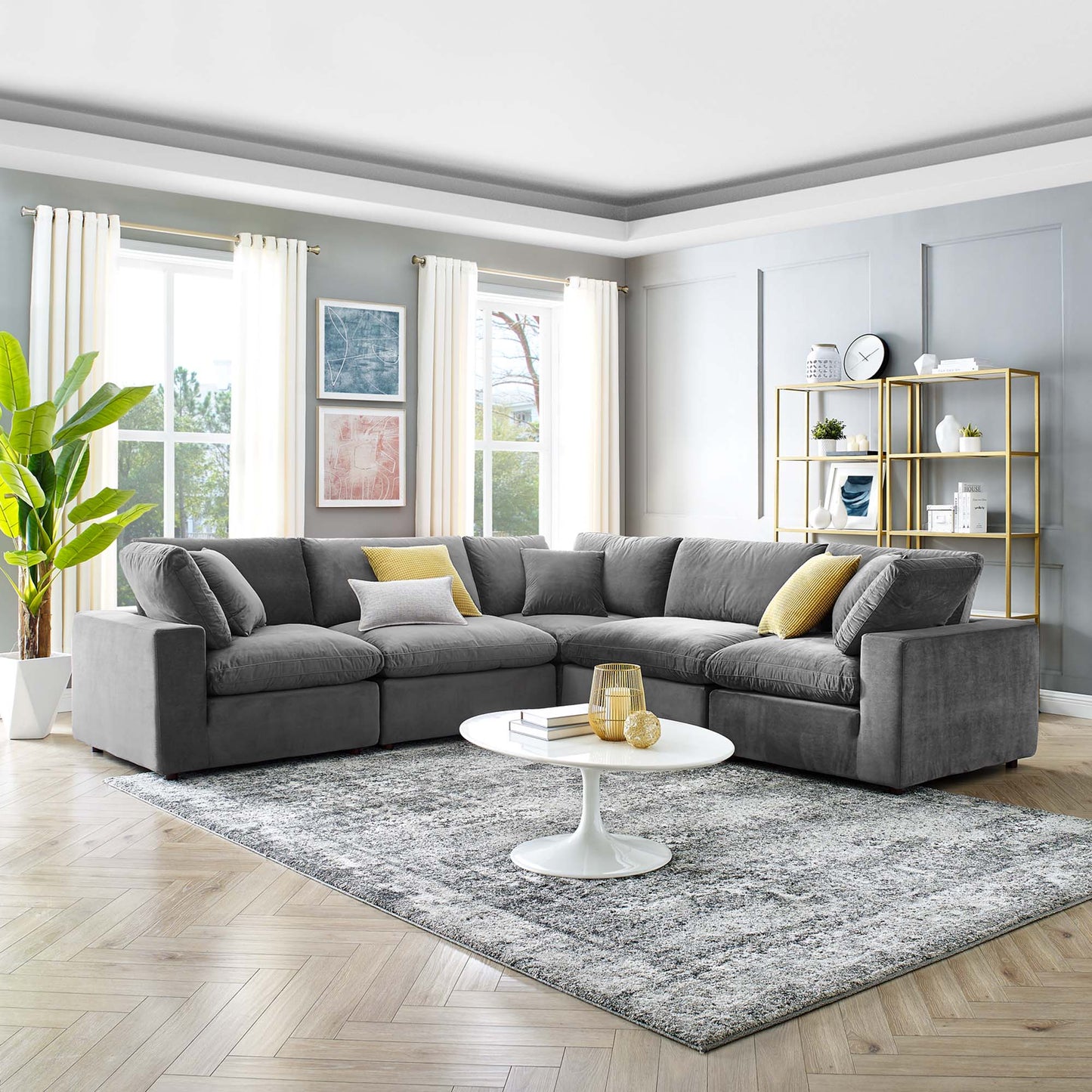 Commix 5-Piece Down Filled Overstuffed Performance Velvet Sectional Sofa