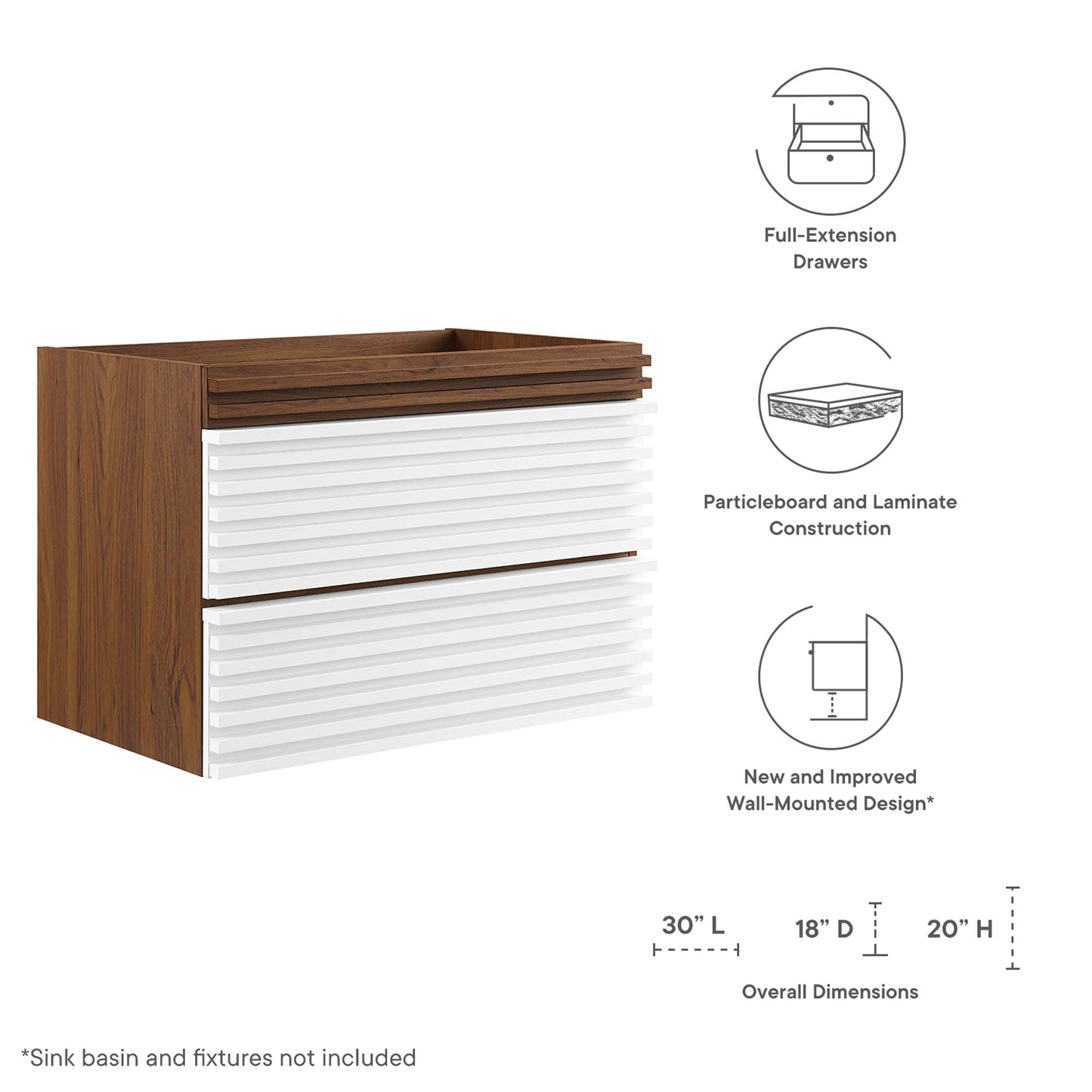 Mueble de baño de 30" con montaje en pared Render (lavabo no incluido) de Modway