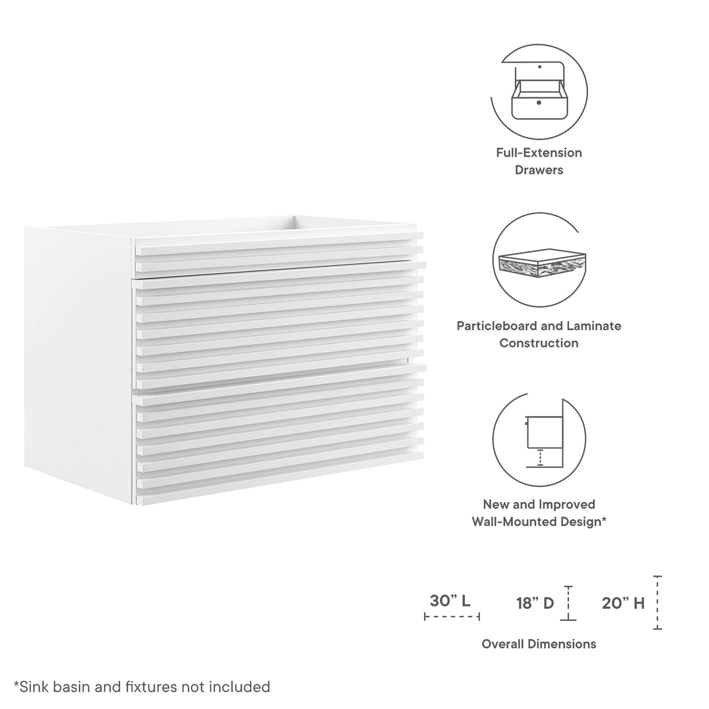 Mueble de baño de 30" con montaje en pared Render (lavabo no incluido) de Modway