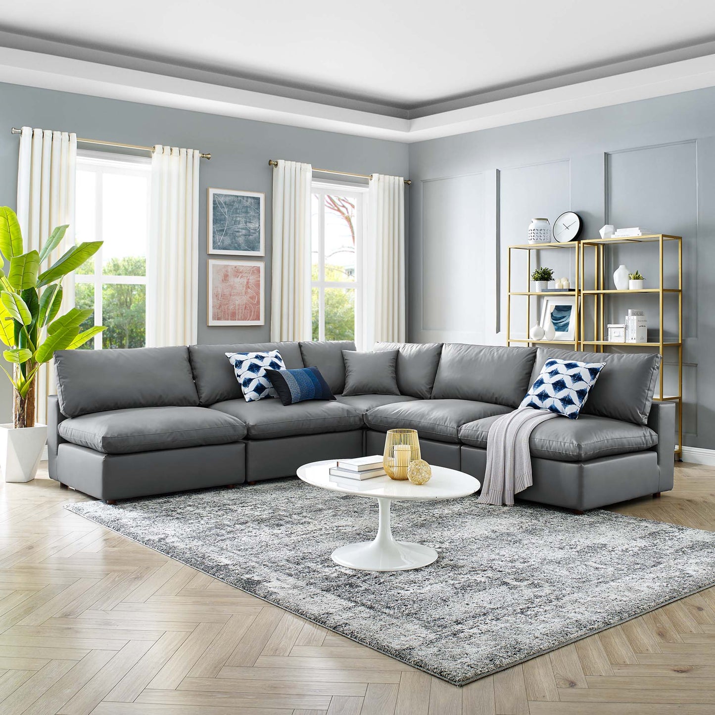 Commix 5-Piece Down Filled Overstuffed Vegan Leather Sectional Sofa