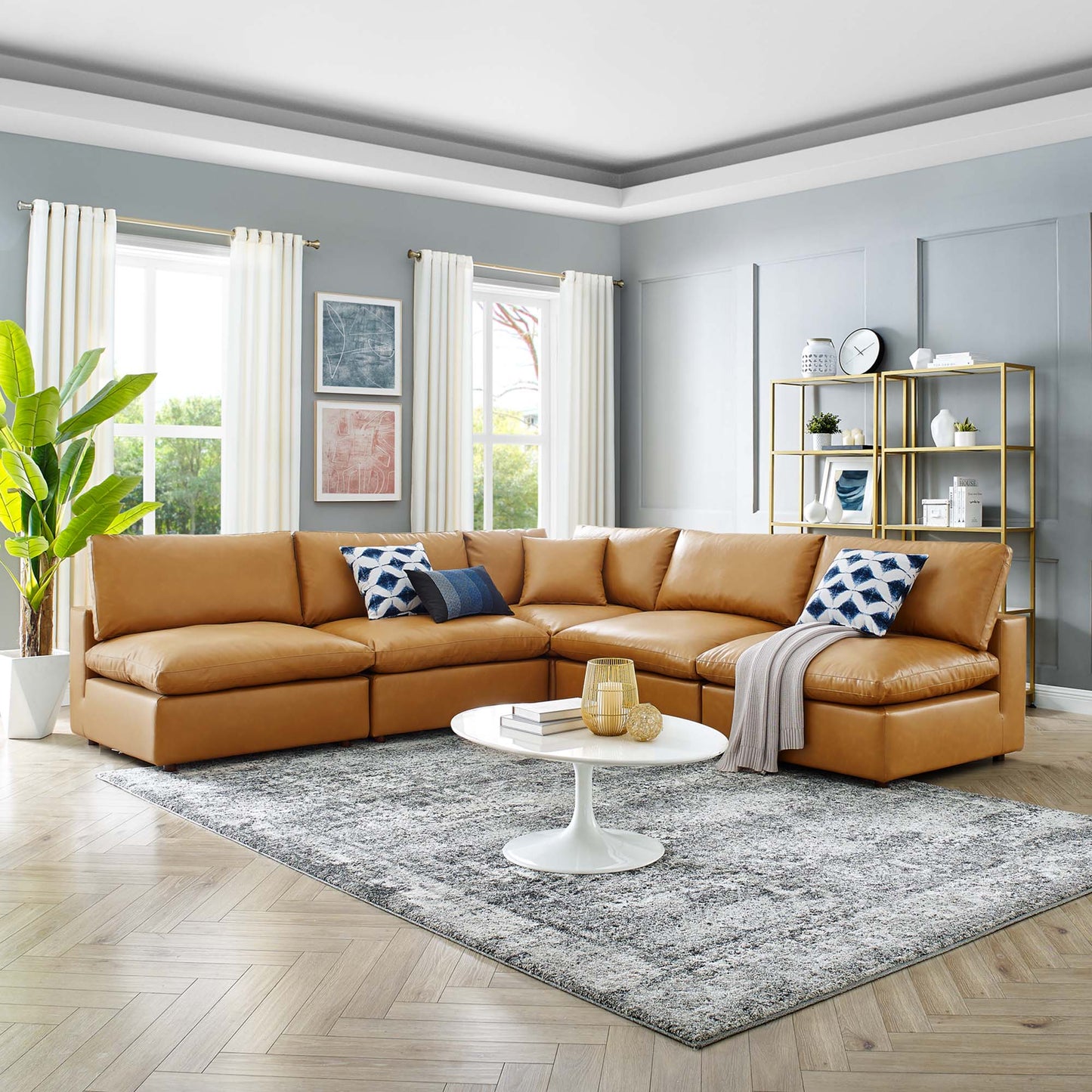 Commix 5-Piece Down Filled Overstuffed Vegan Leather Sectional Sofa