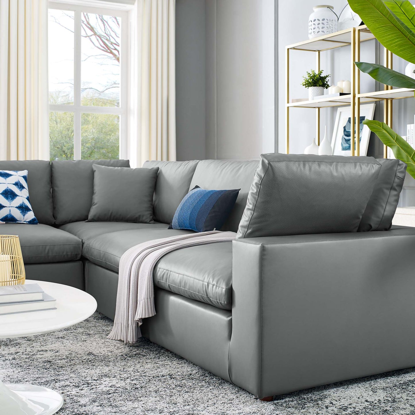 Commix 5-Piece Down Filled Overstuffed Vegan Leather Sectional Sofa