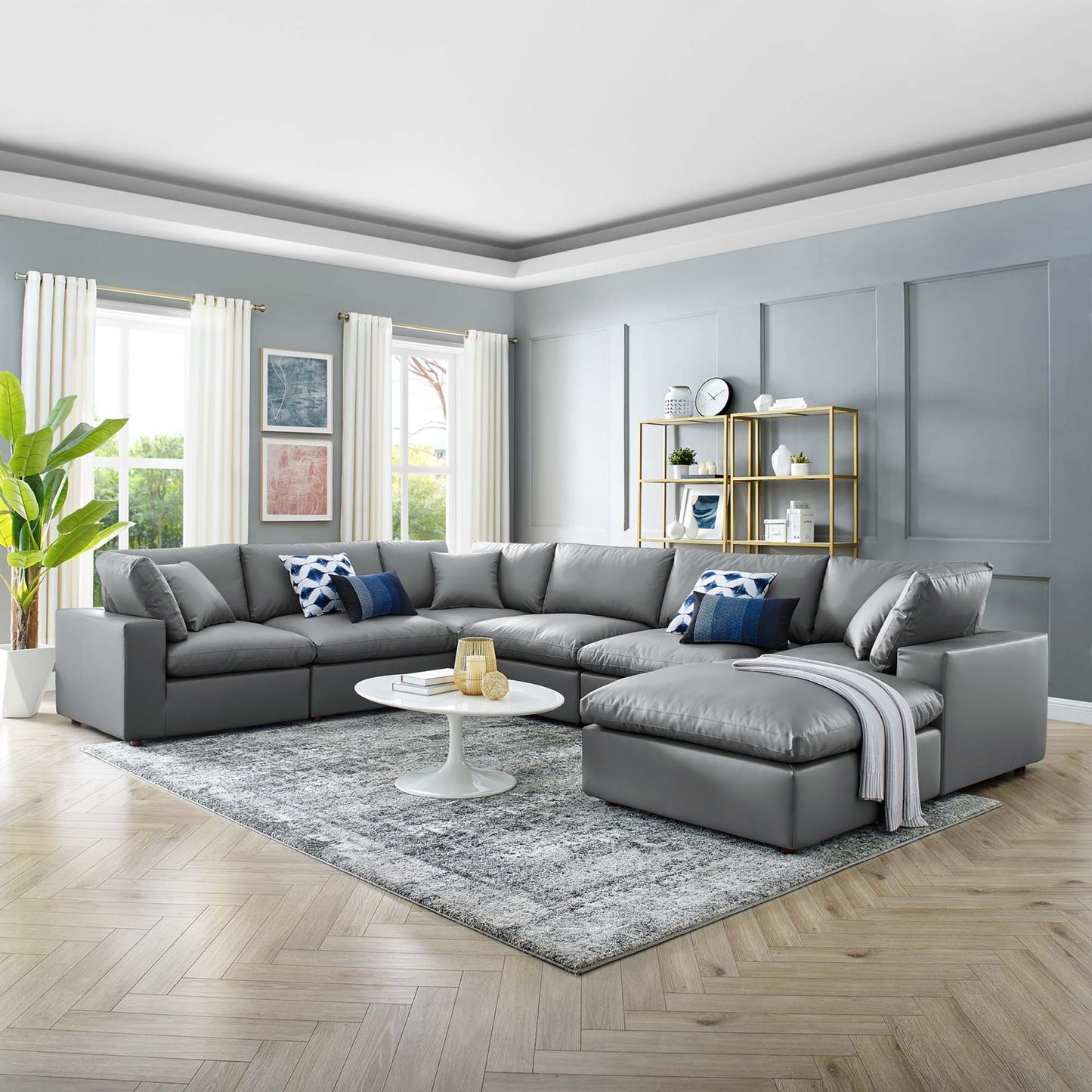 Commix 7-Piece Down Filled Overstuffed Vegan Leather Sectional Sofa