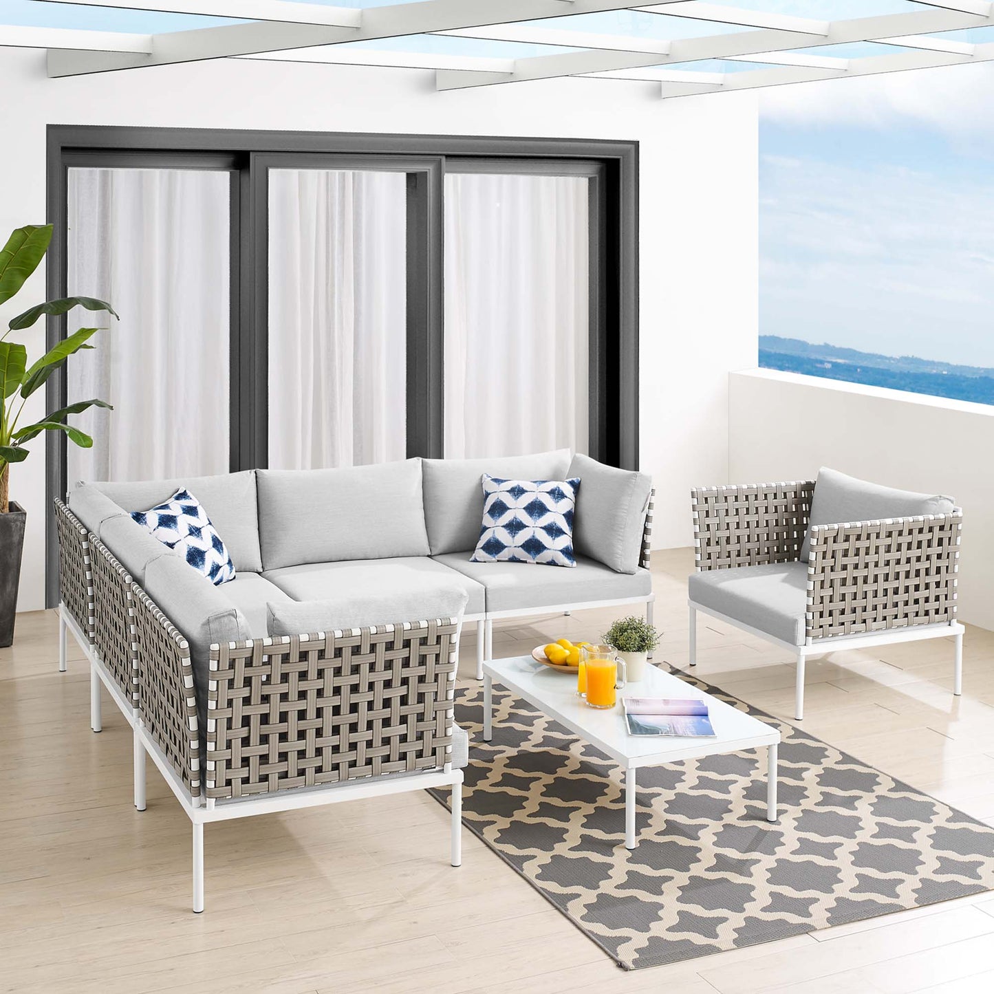 Harmony 7-Piece Sunbrella® Basket Weave Outdoor Patio Aluminum Sectional Sofa Set