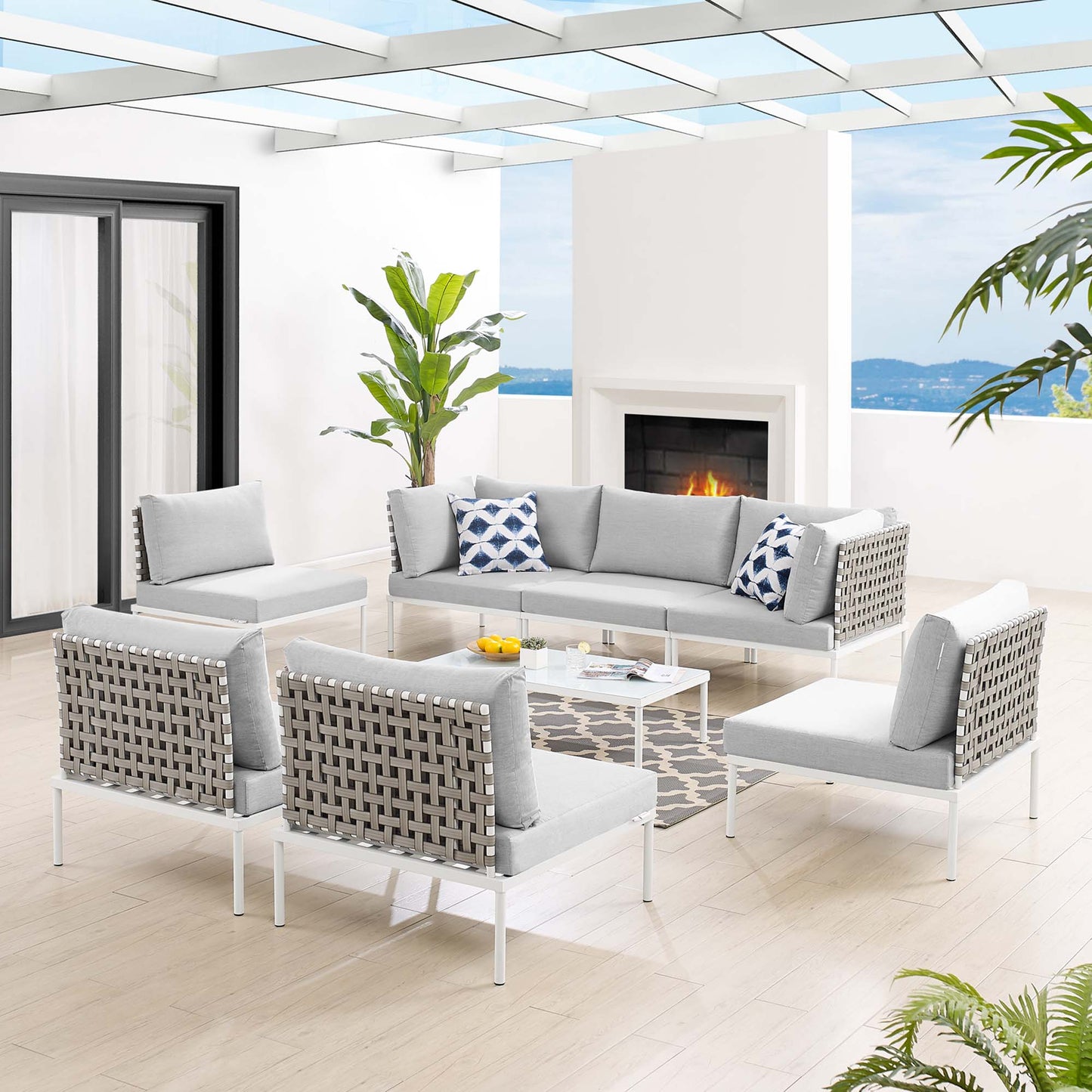 Conjunto de sofás modulares de aluminio para exteriores Harmony de 8 piezas con tejido tipo canasta Sunbrella® de Modway