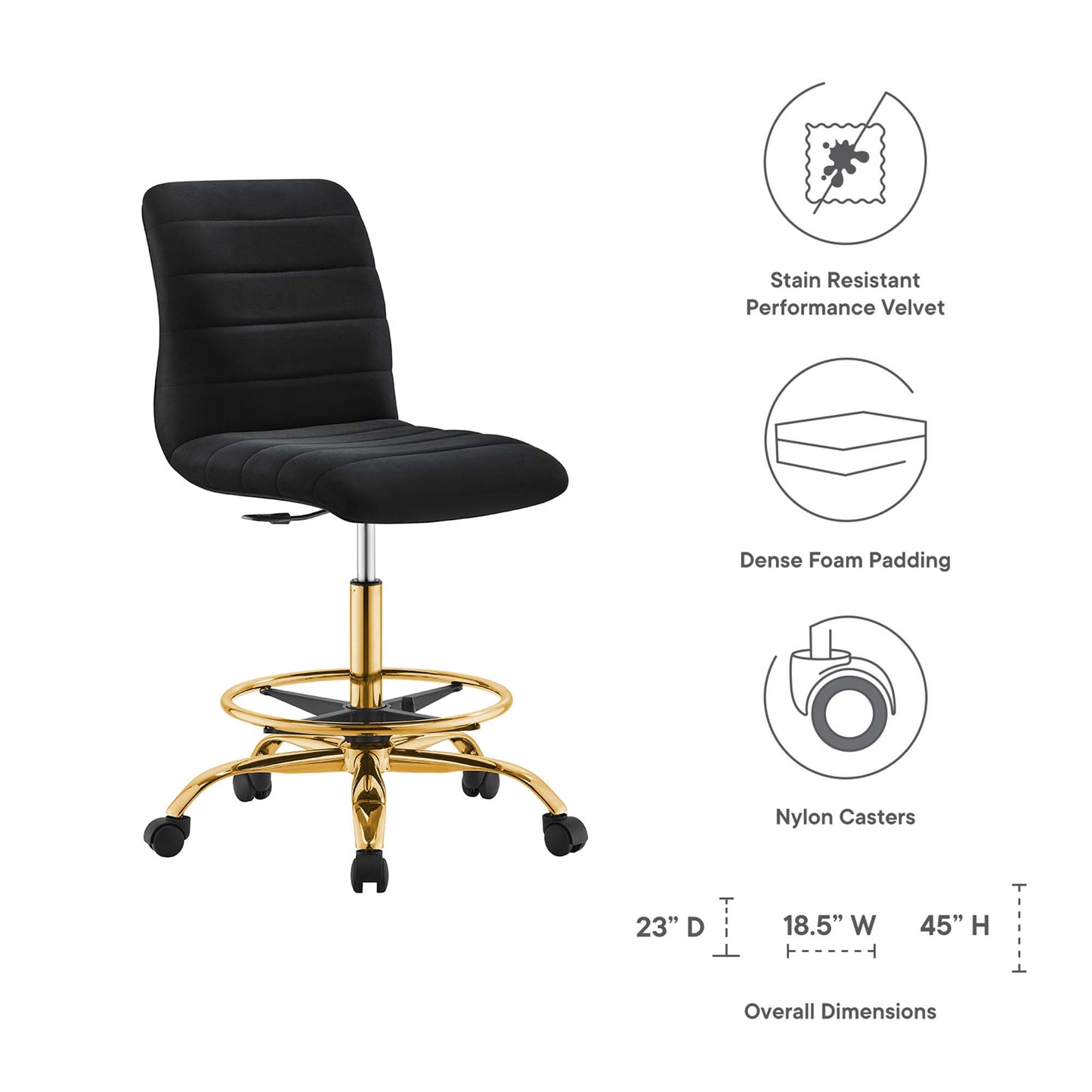 Ripple Armless Performance Velvet Drafting Chair