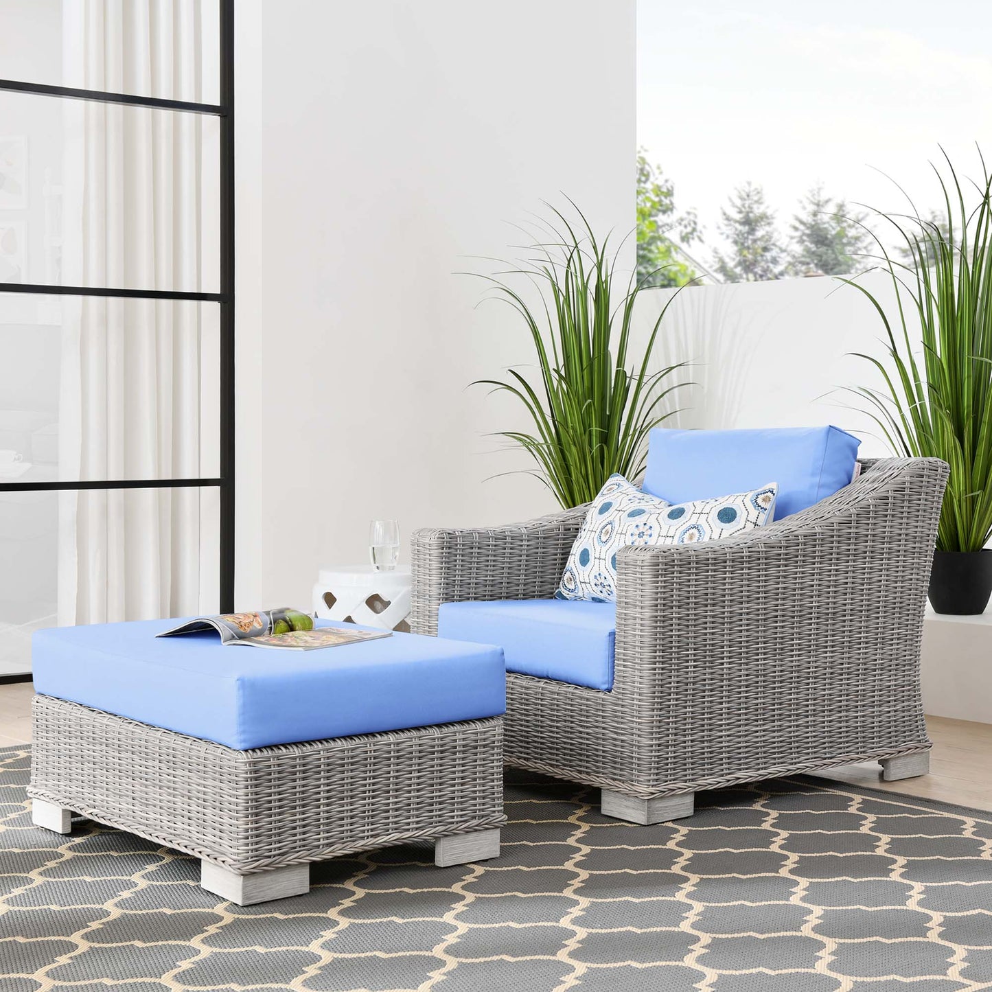 Conway 2-Piece Outdoor Patio Wicker Rattan Armchair and Ottoman Set