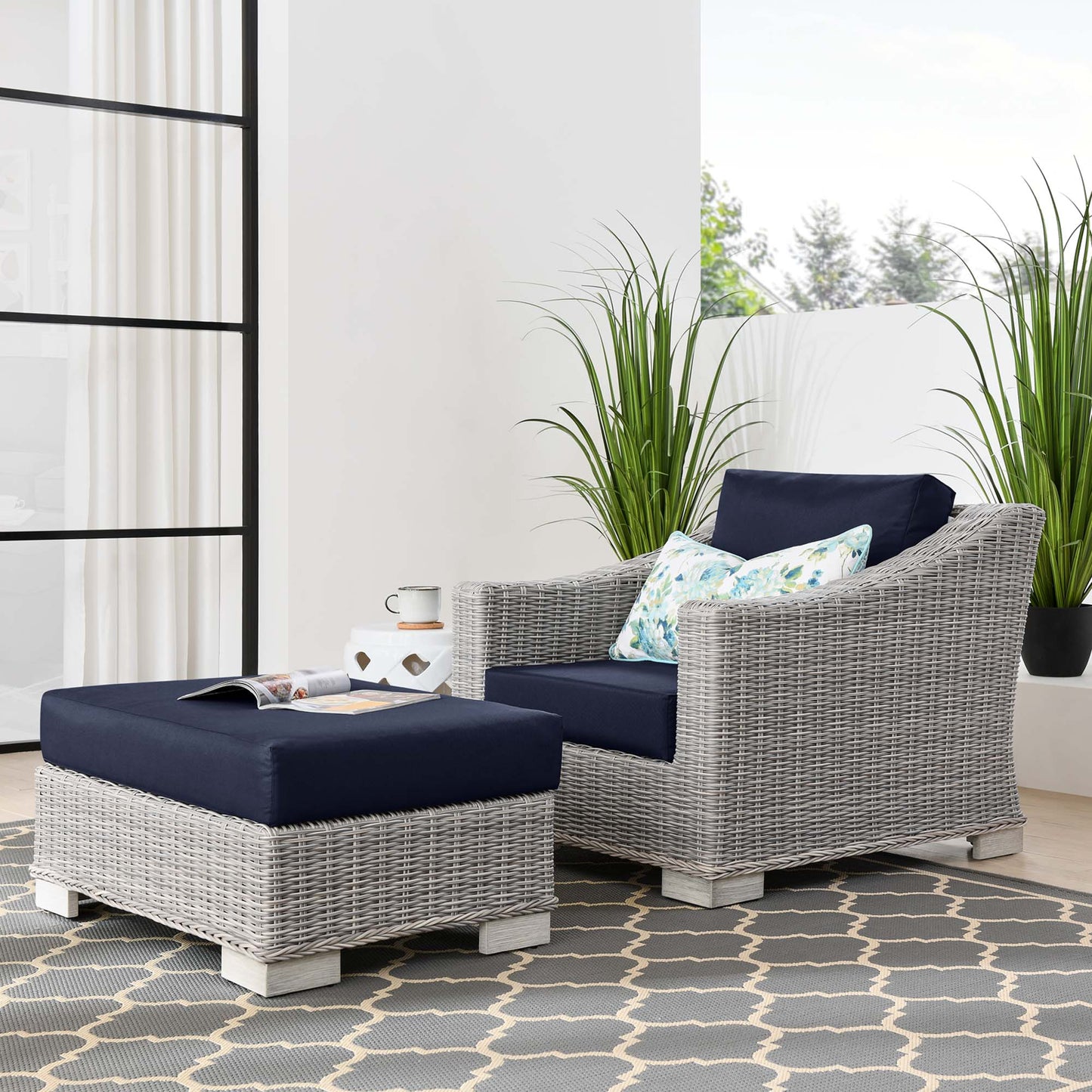 Conway 2-Piece Outdoor Patio Wicker Rattan Armchair and Ottoman Set