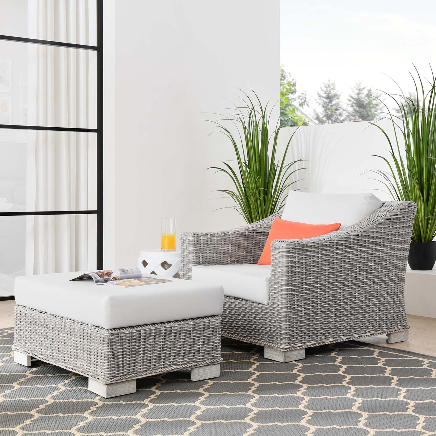 Conway 2-Piece Outdoor Patio Wicker Rattan Armchair and Ottoman Set