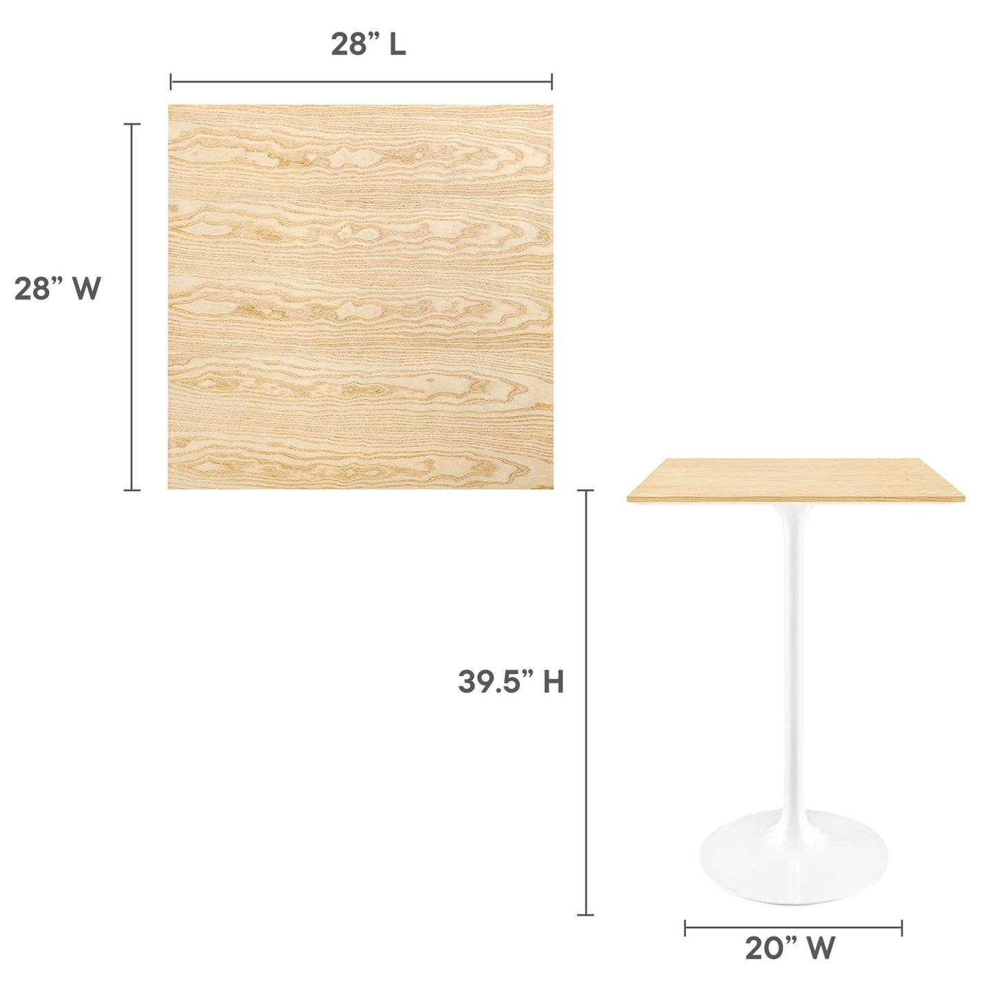 Mesa de bar Lippa de 28" con veta de madera cuadrada de Modway