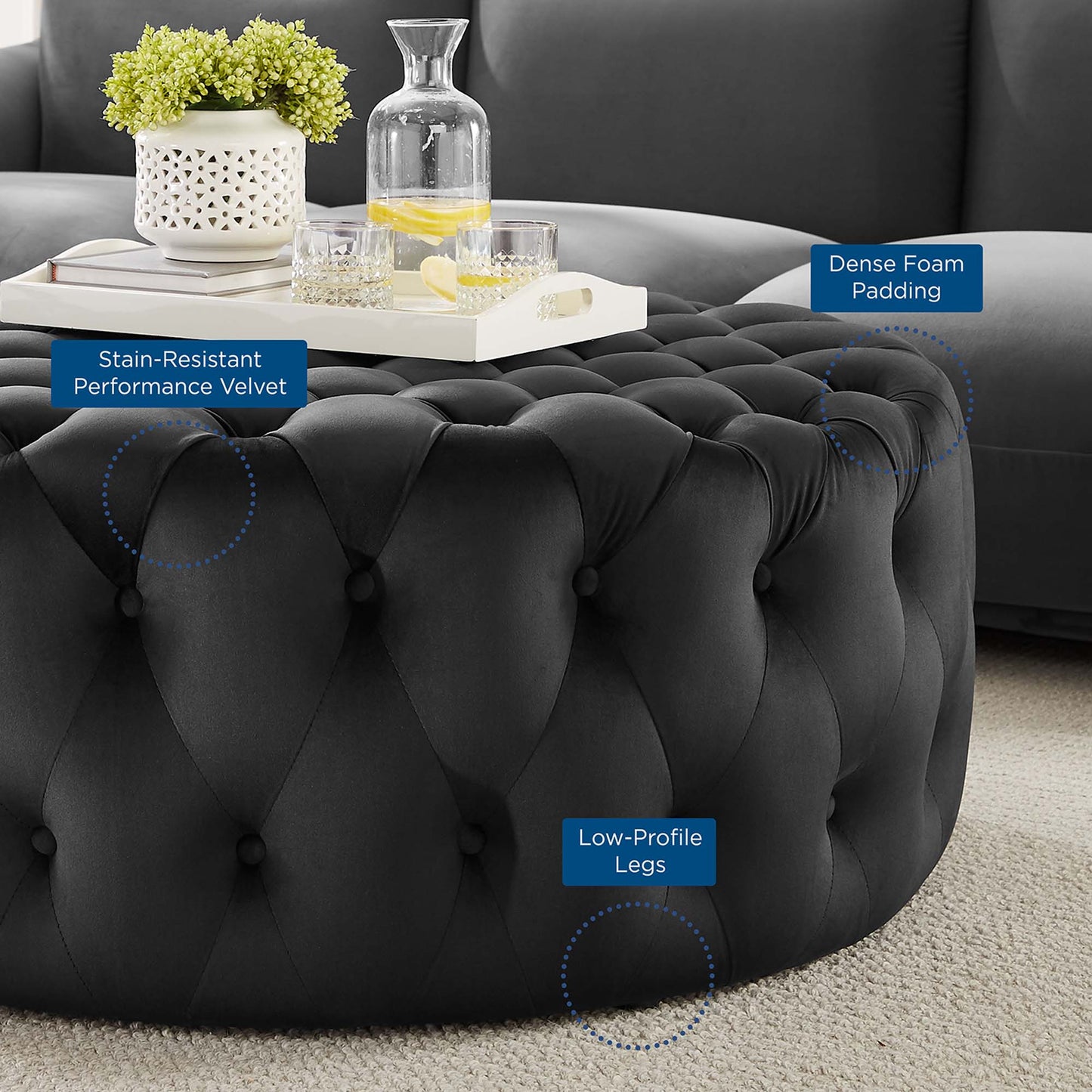 Amour Tufted Button Large Round Performance Velvet Ottoman