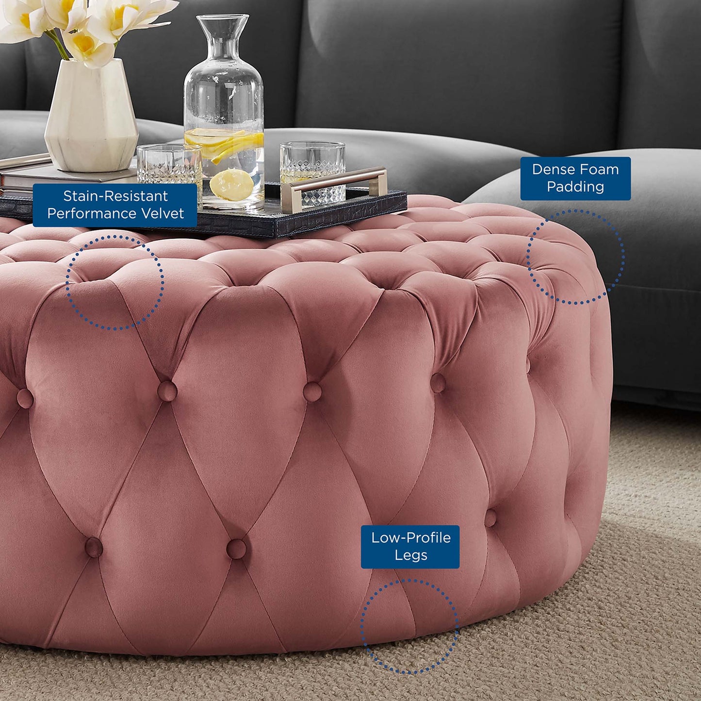 Amour Tufted Button Large Round Performance Velvet Ottoman