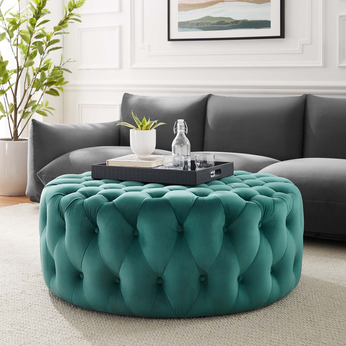 Amour Tufted Button Large Round Performance Velvet Ottoman