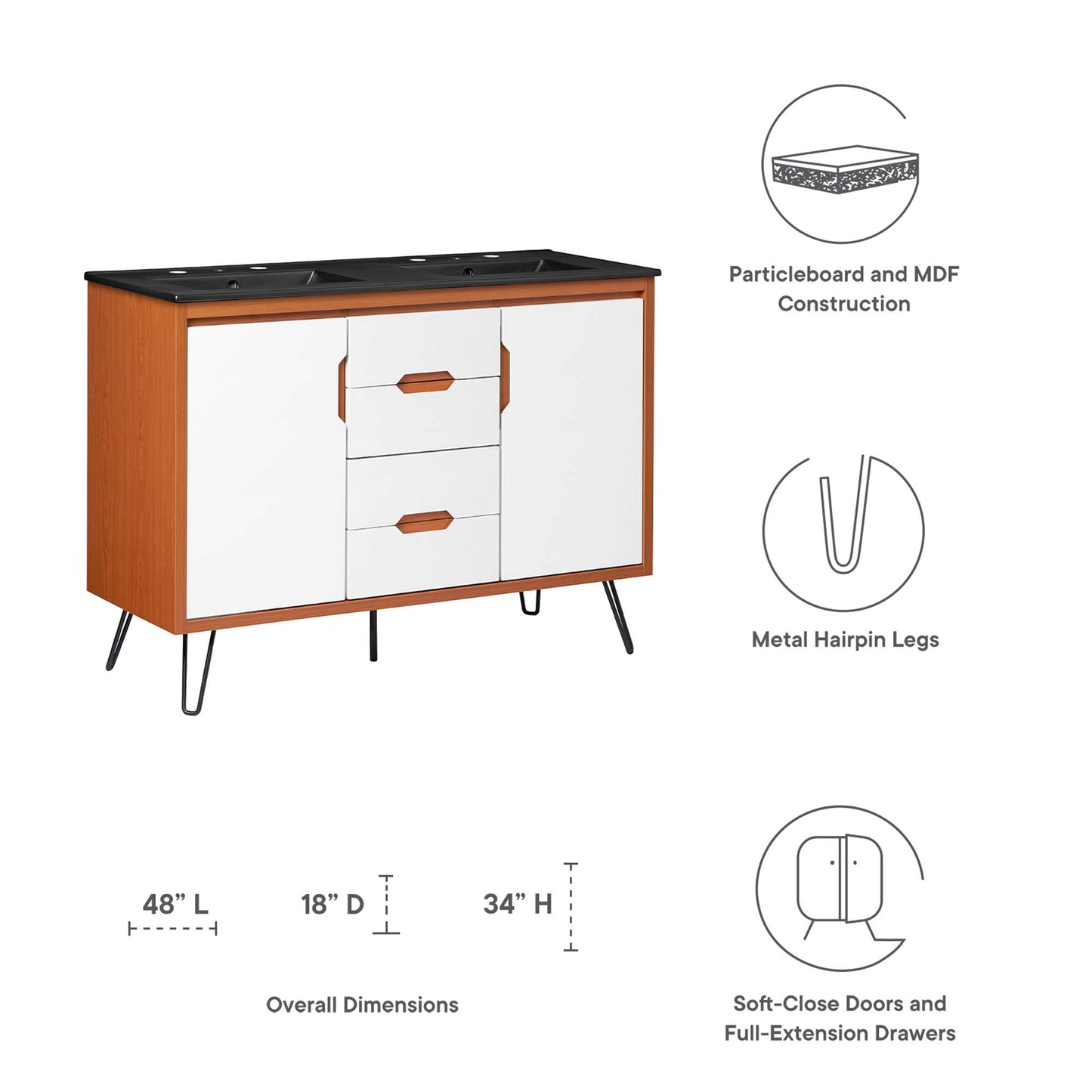 Mueble de baño con lavabo doble Energize de 48" de Modway