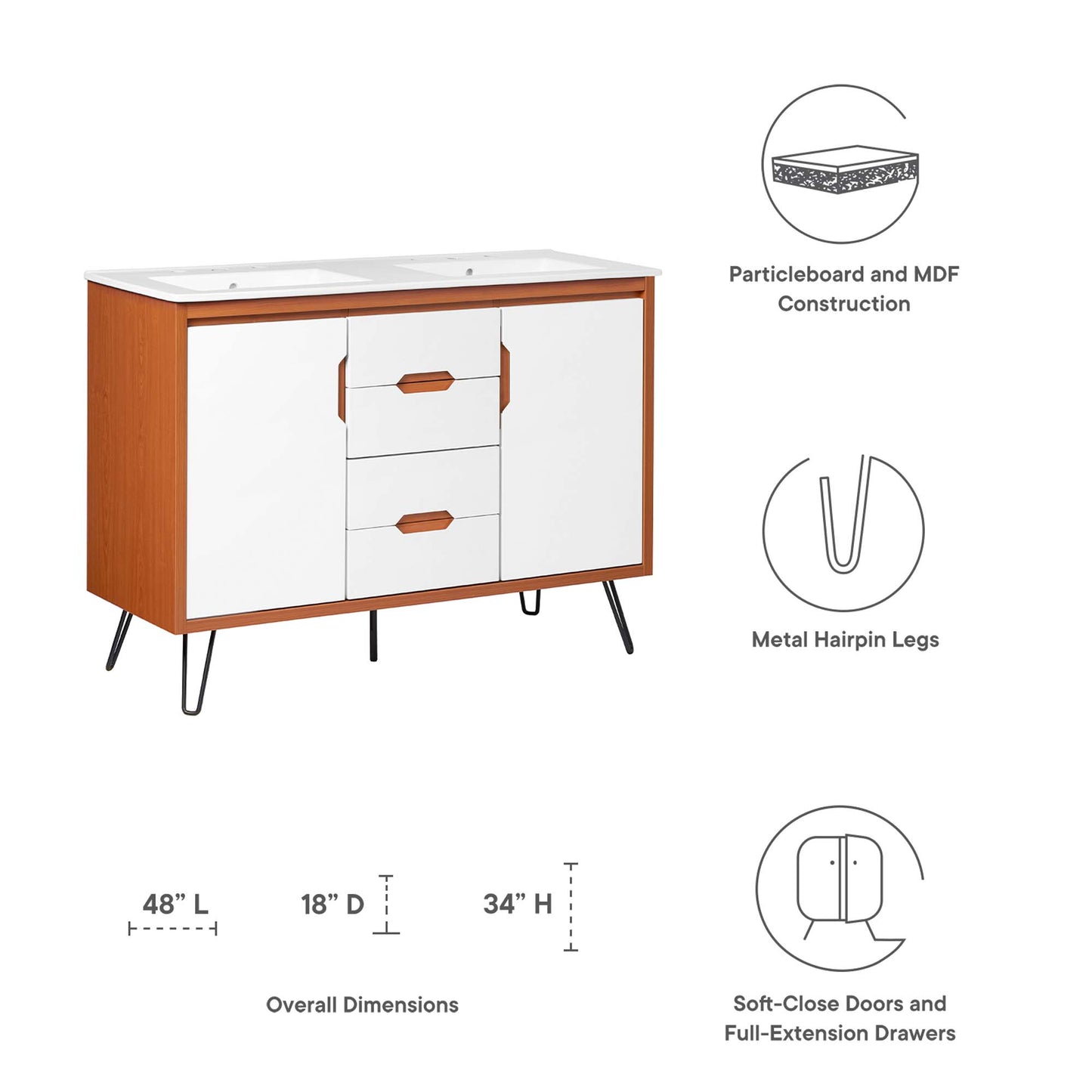 Mueble de baño con lavabo doble Energize de 48" de Modway