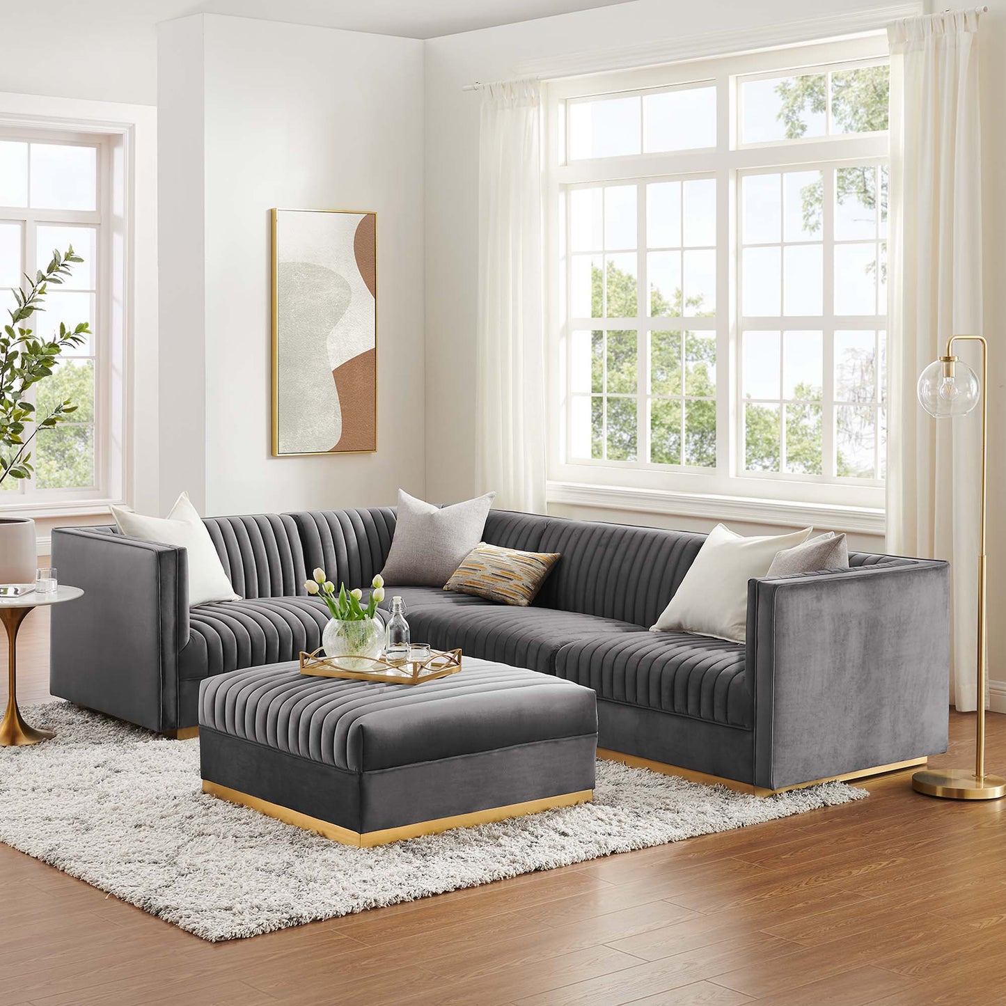 Sanguine 5-Piece Channel Tufted Performance Velvet Left-Facing Modular Sectional Sofa