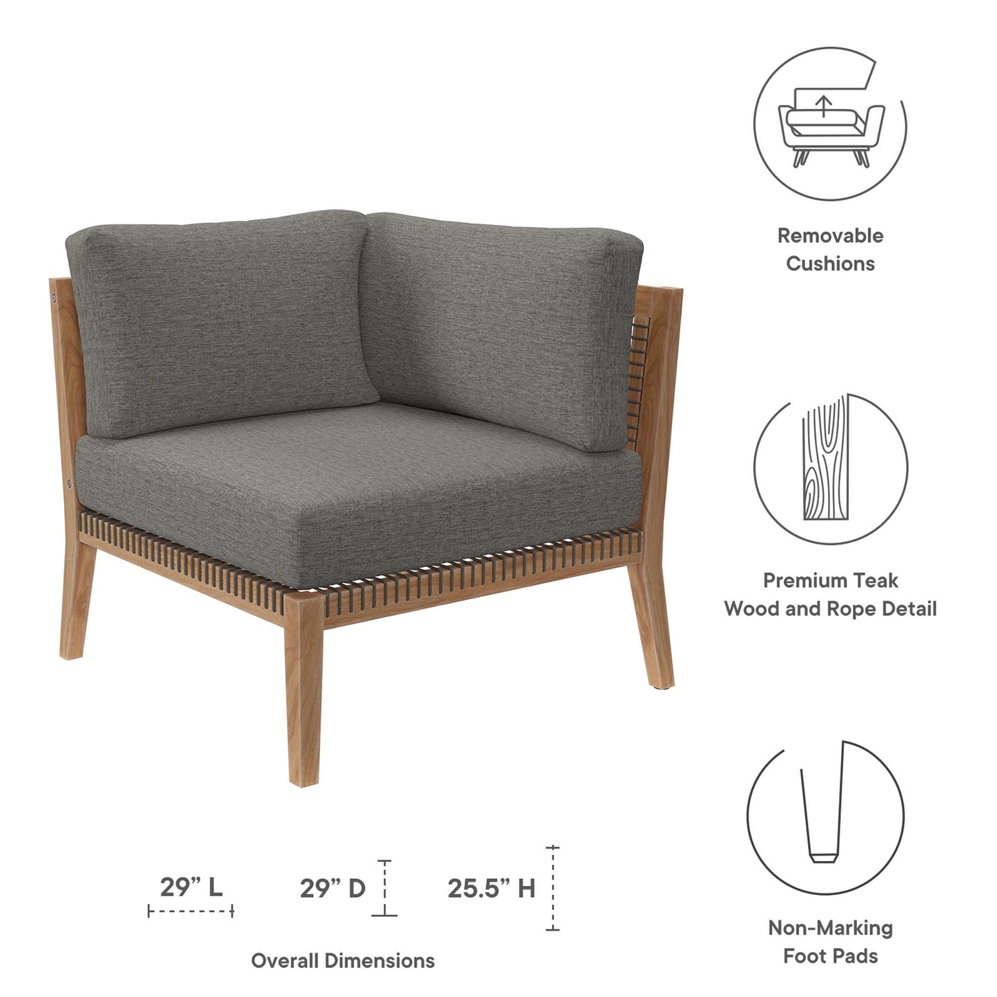 Chaise d'angle en bois de teck pour patio d'extérieur Clearwater par Modway