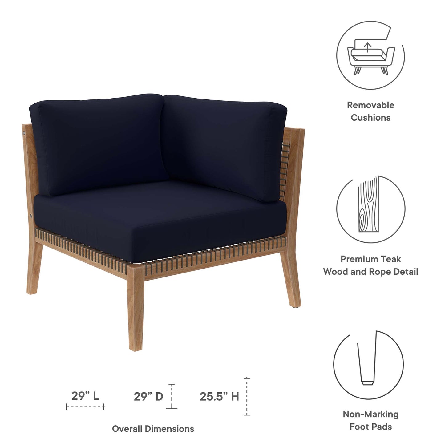 Chaise d'angle en bois de teck pour patio d'extérieur Clearwater par Modway