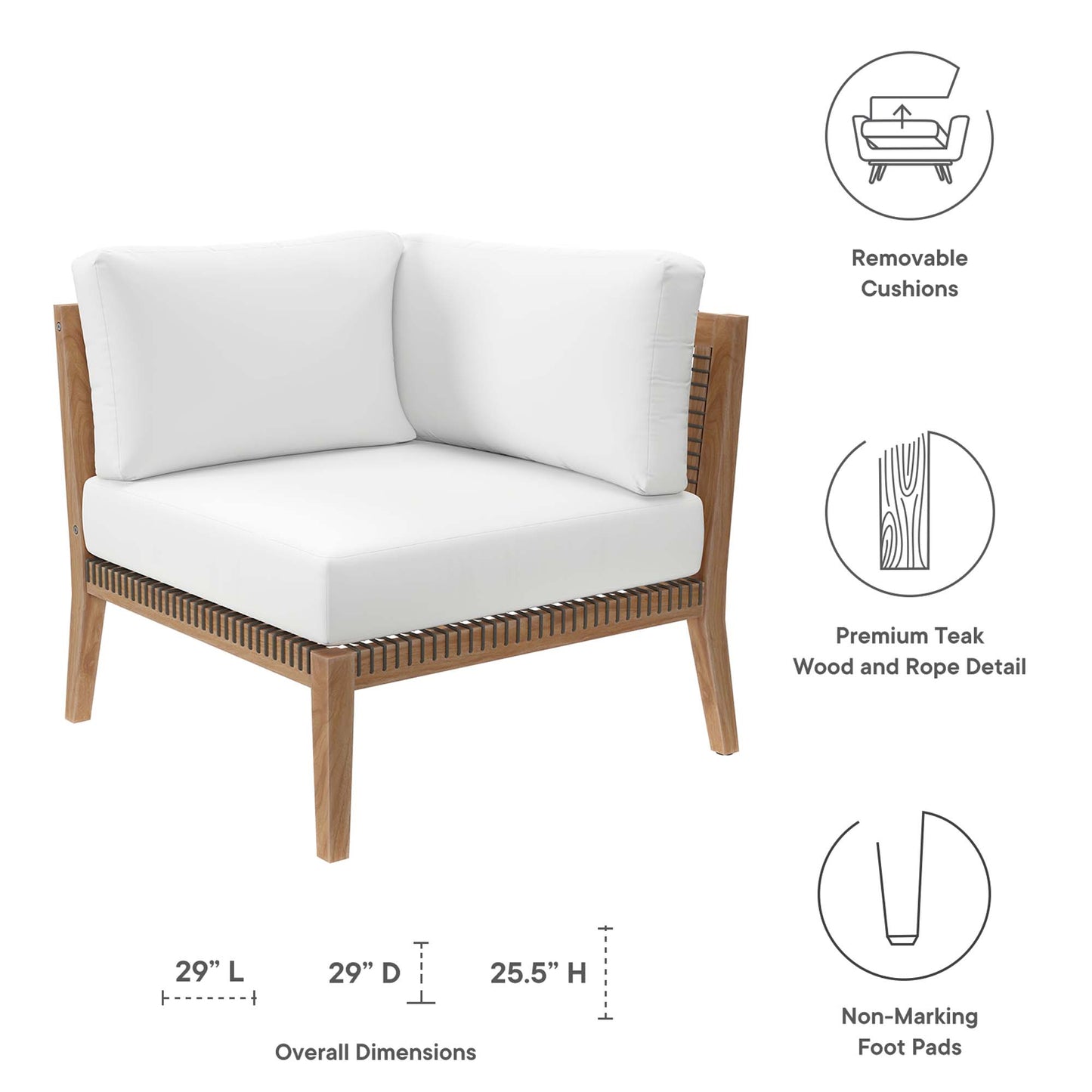 Chaise d'angle en bois de teck pour patio d'extérieur Clearwater par Modway