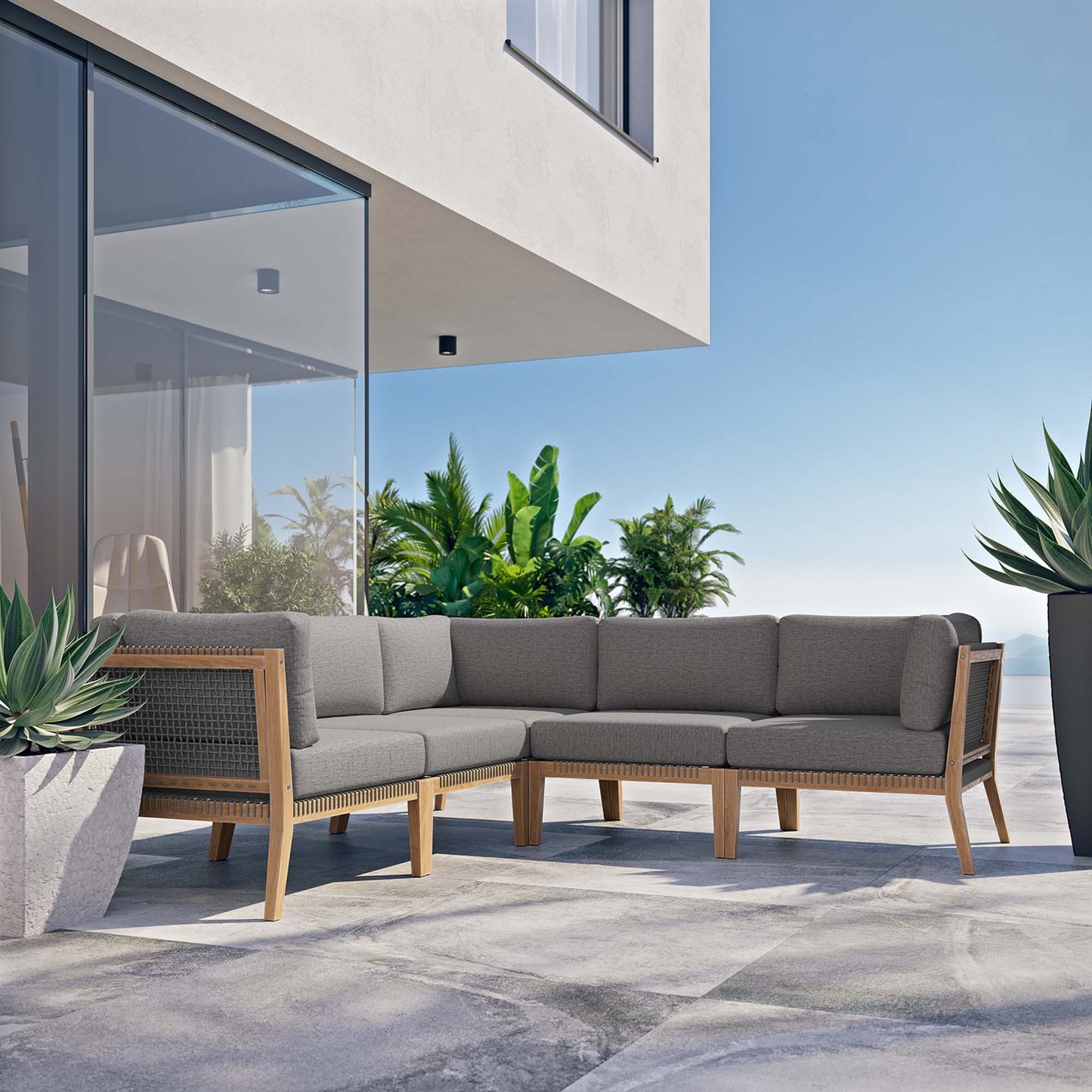 Sofá modular de madera de teca para patio al aire libre de 5 piezas Clearwater de Modway