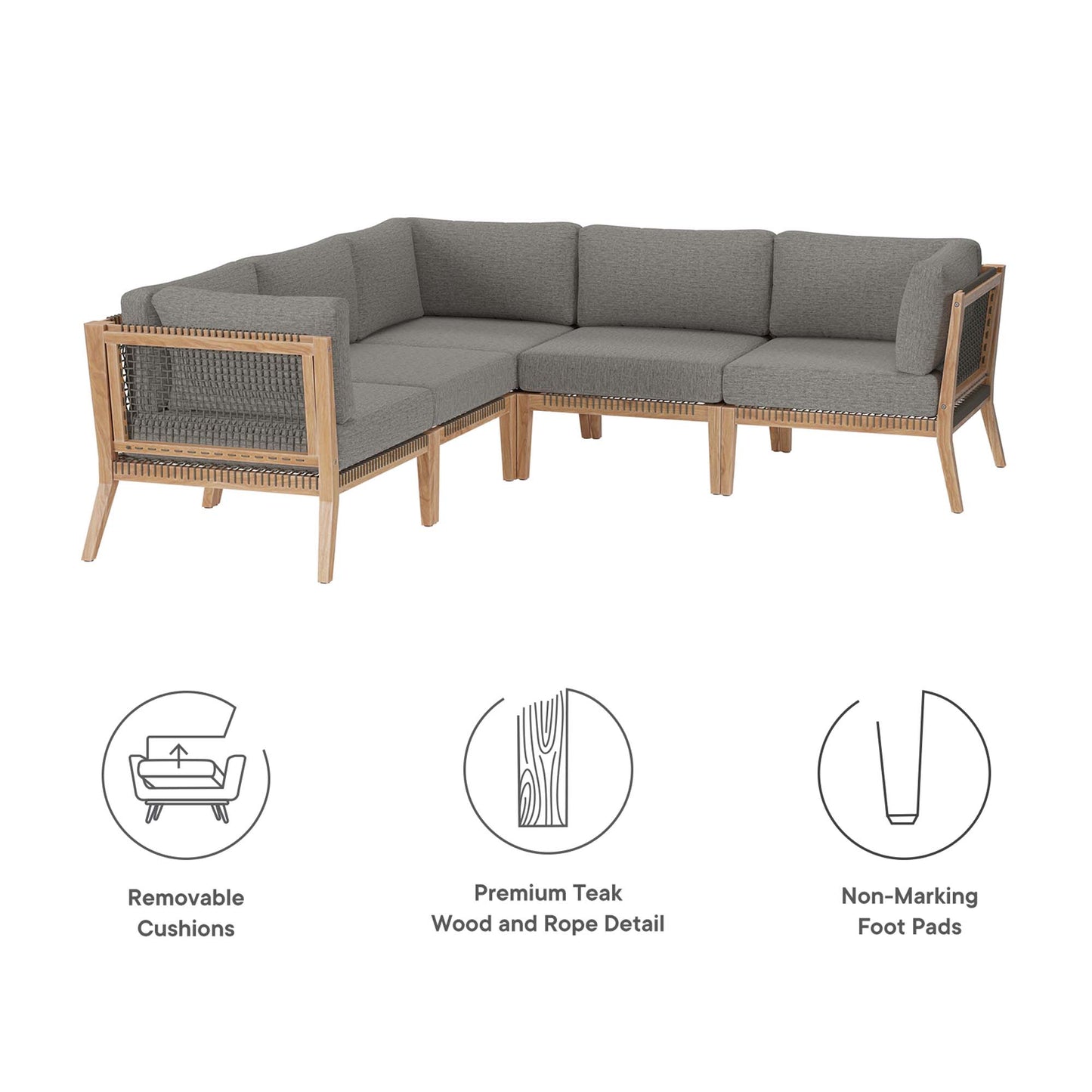 Sofá modular de madera de teca para patio al aire libre de 5 piezas Clearwater de Modway