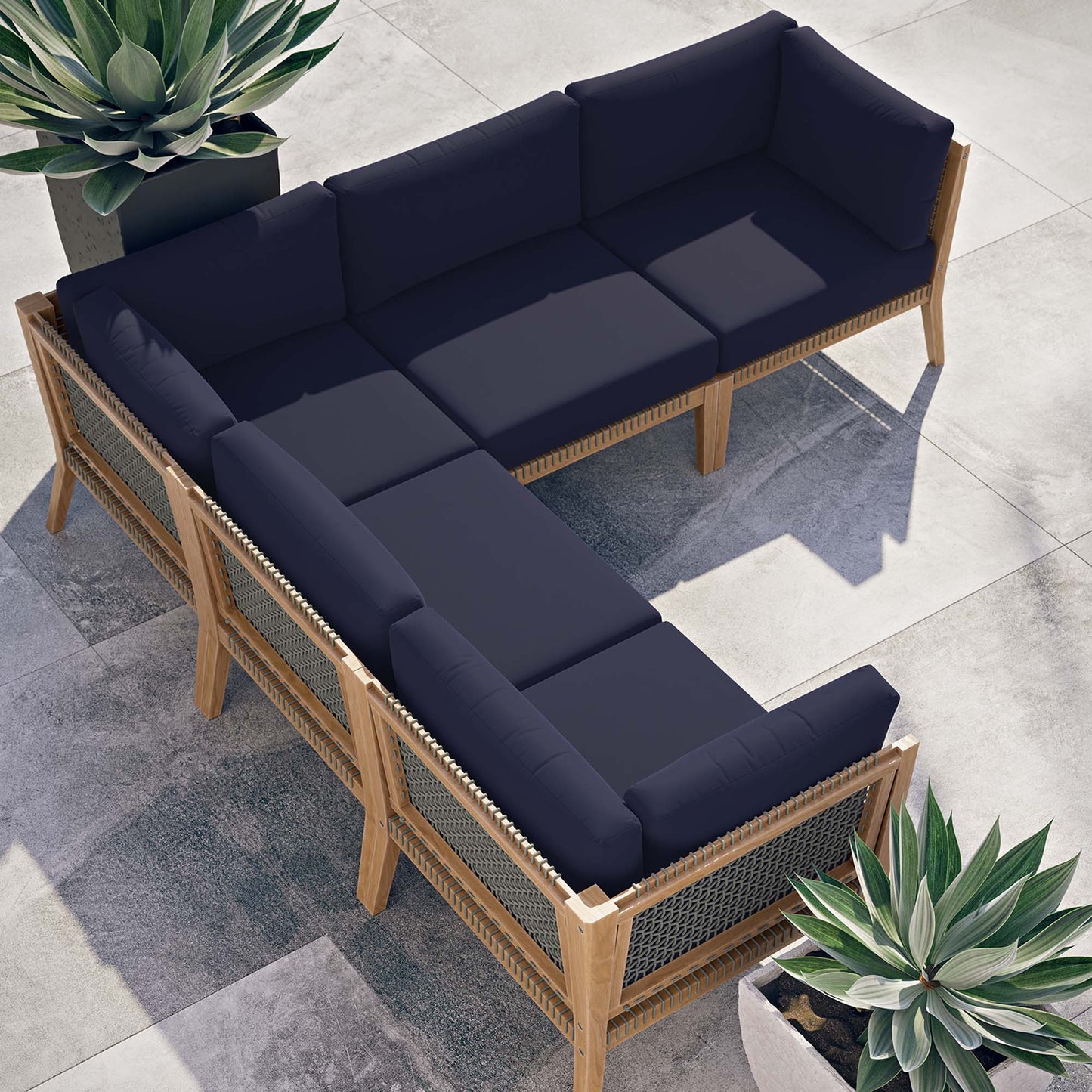 Sofá modular de madera de teca para patio al aire libre de 5 piezas Clearwater de Modway