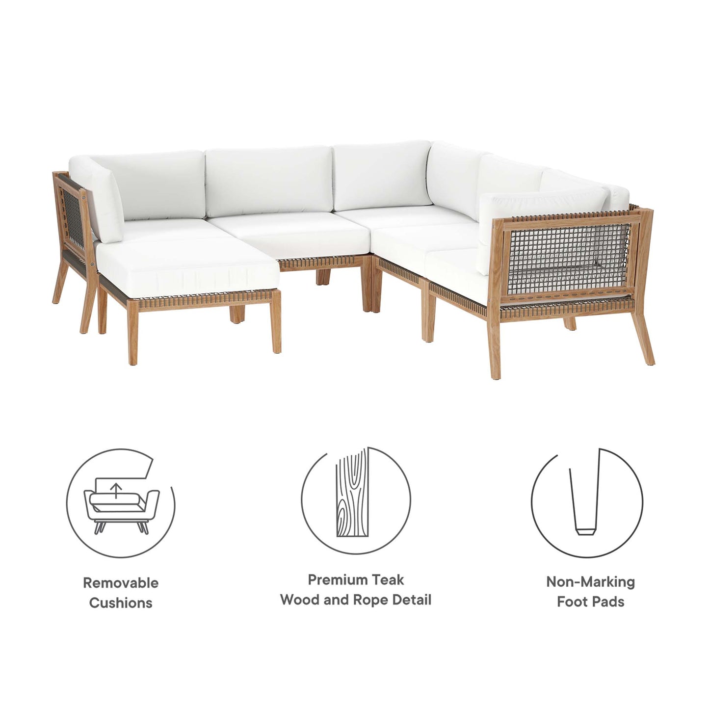 Clearwater 6-Piece Outdoor Patio Teak Wood Sectional Sofa