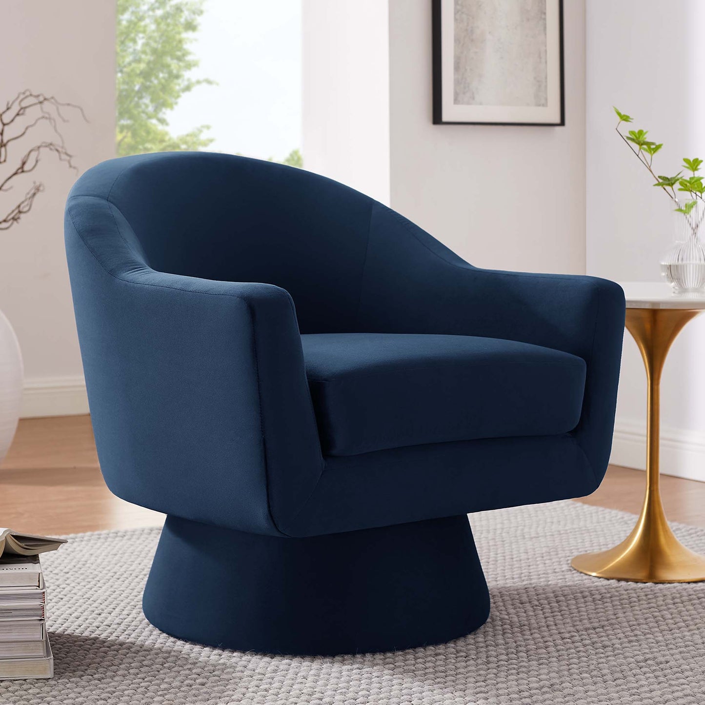 Astral Performance Velvet Fabric and Wood Swivel Chair